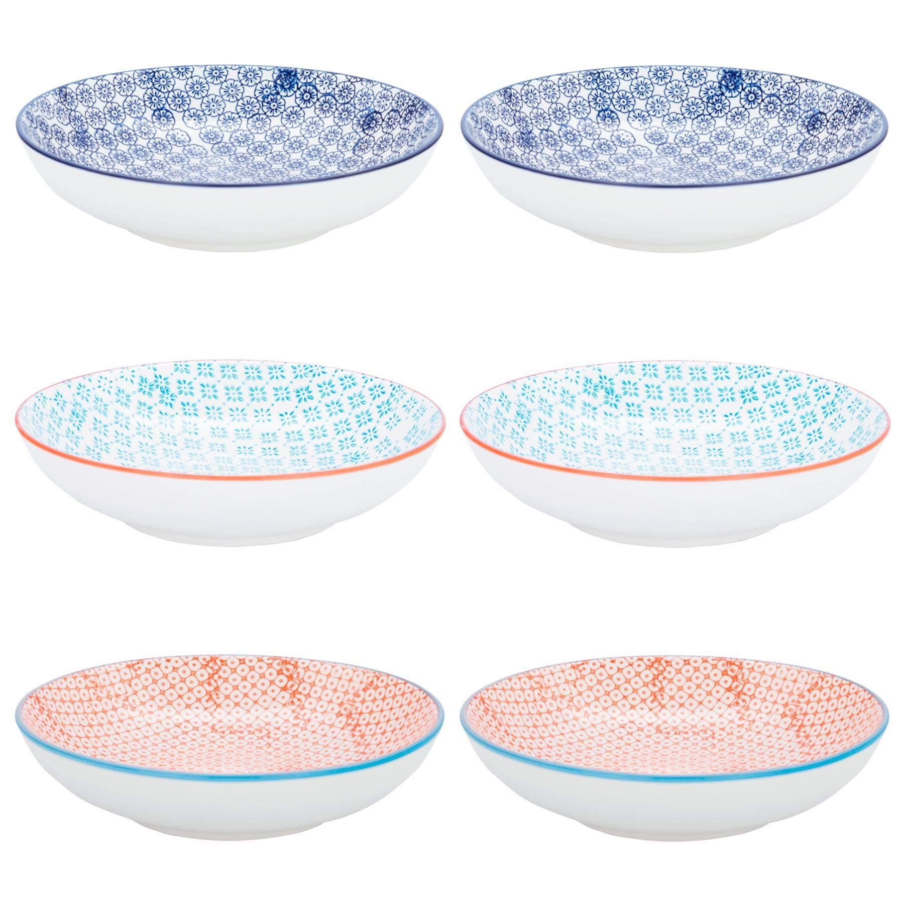 Patterned Pasta Bowls - 3 Colours - Pack of 6 - Porcelain Flower Print Design Rice Serving Bowls for Cereal, Fruit, Dessert, Salad, Noodles, Snacks