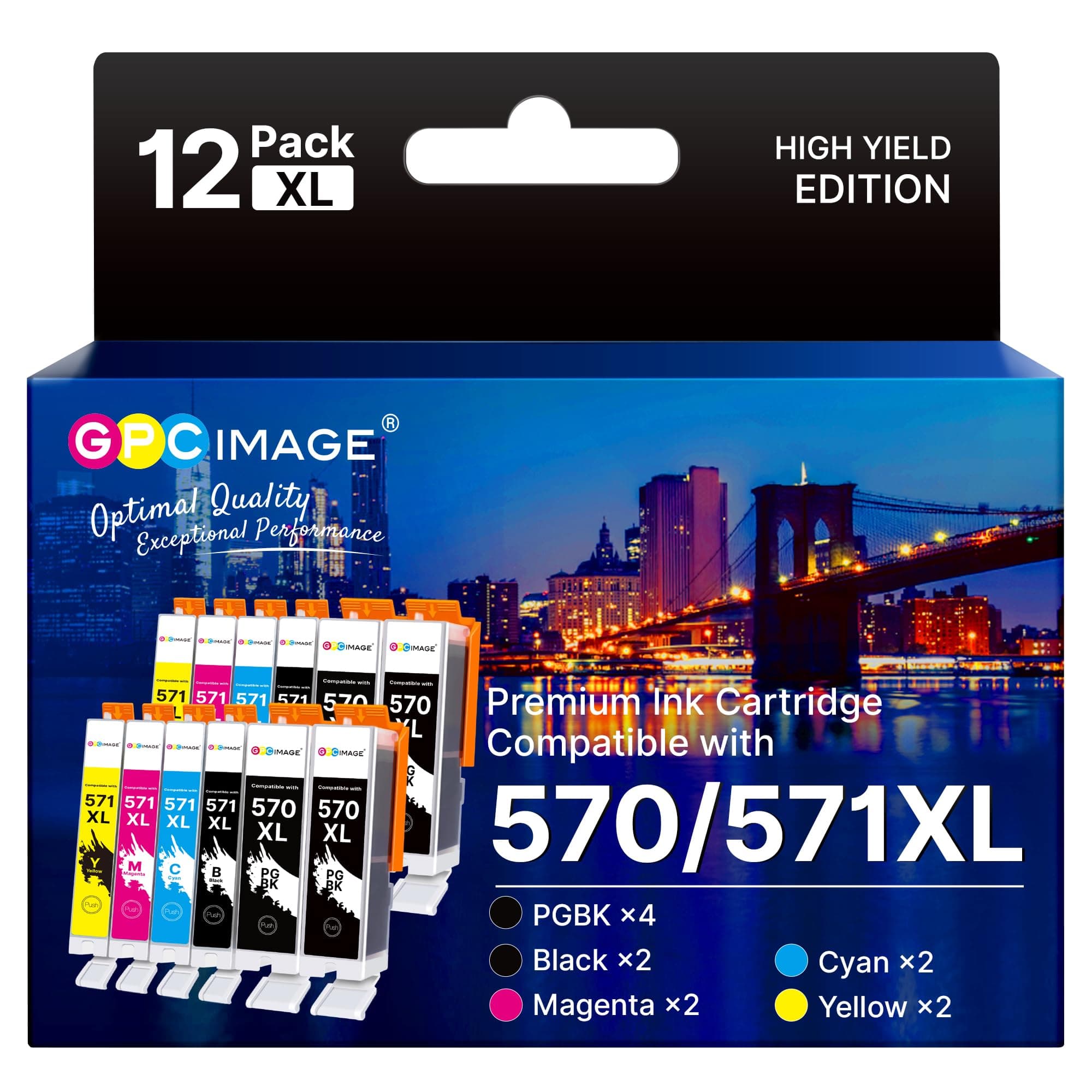 GPC Image 12-Pack 570XL 571XL Ink Cartridges Compatible for Canon 570 571 Ink Cartridges for Canon PIXMA MG5750 MG5751 MG5700 MG5500 TS6050 MG6800 MG6850 MG6851 TS5000 TS5050 (4PGBK/2BK/2C/2M/2Y)