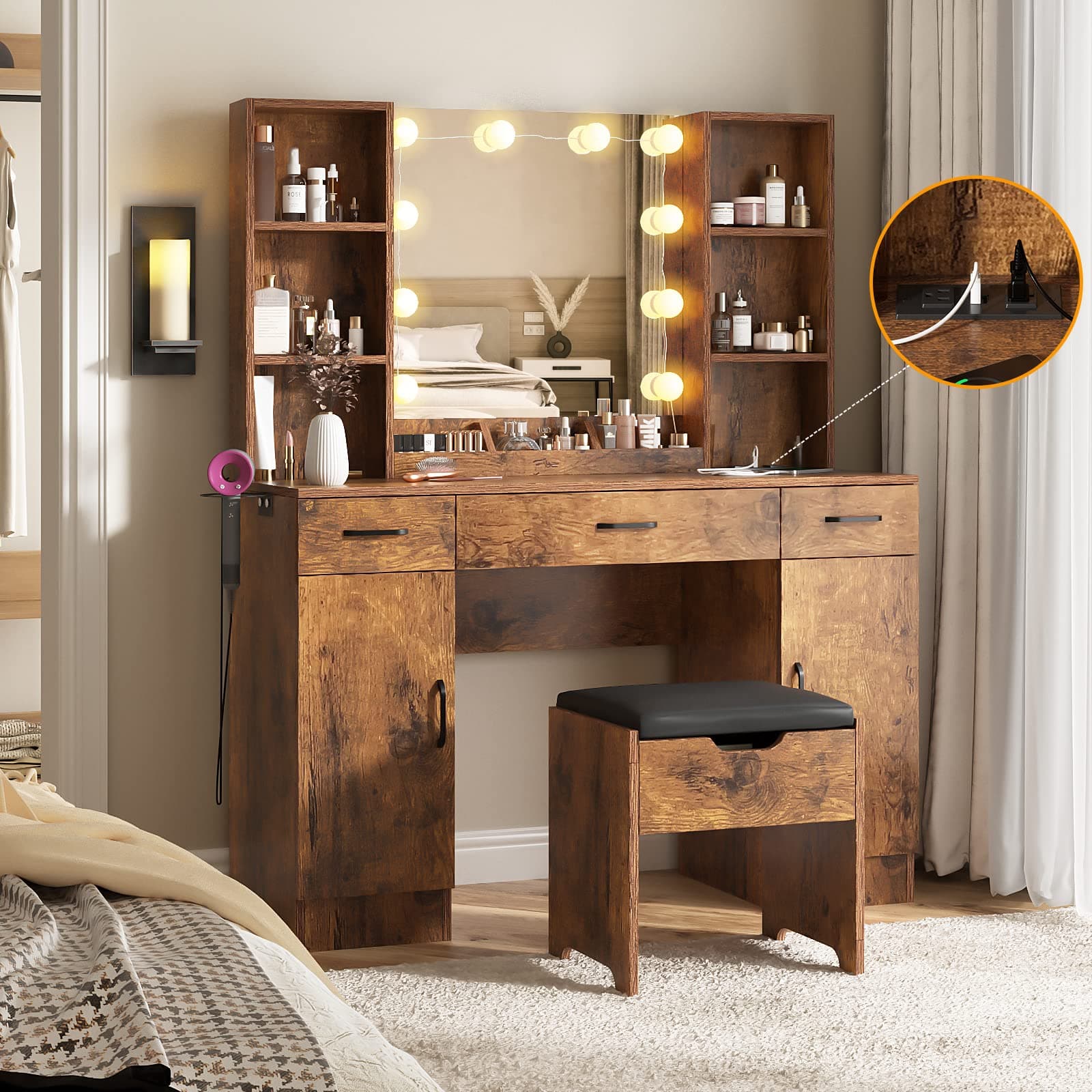Makeup Vanity Desk with Lighted Mirror & Power Strip, Large Brown Vanity Table Set Rustic Farmhouse Style with Storage Stool, 3 Lighting Modes, Brightness Adjustable, 45.2in (W)