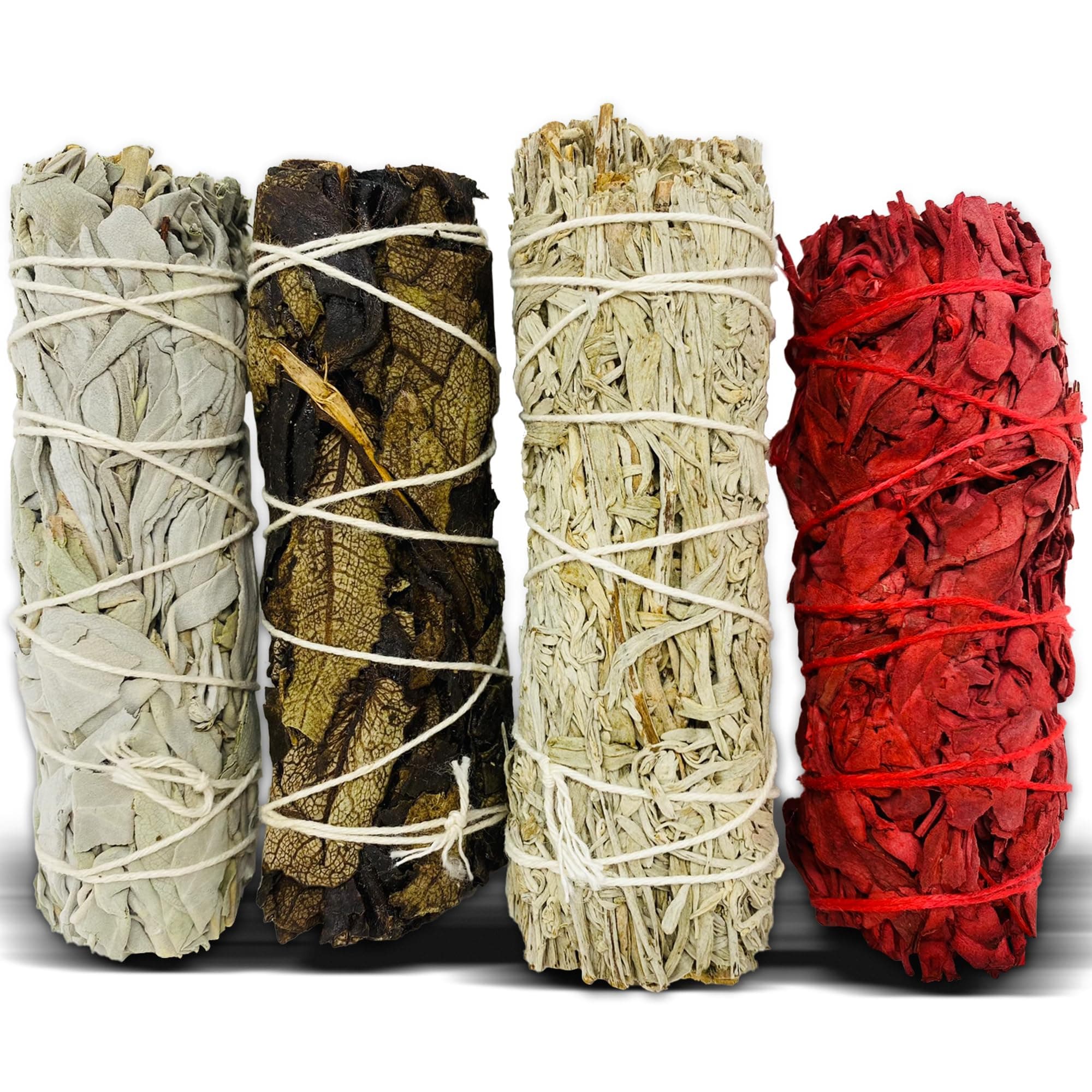 Sage Starter Kit for Cleansing Negative Energy. Variety Pack of 4 which Includes White, Black, Blue and Red Sage (Dragon Blood)
