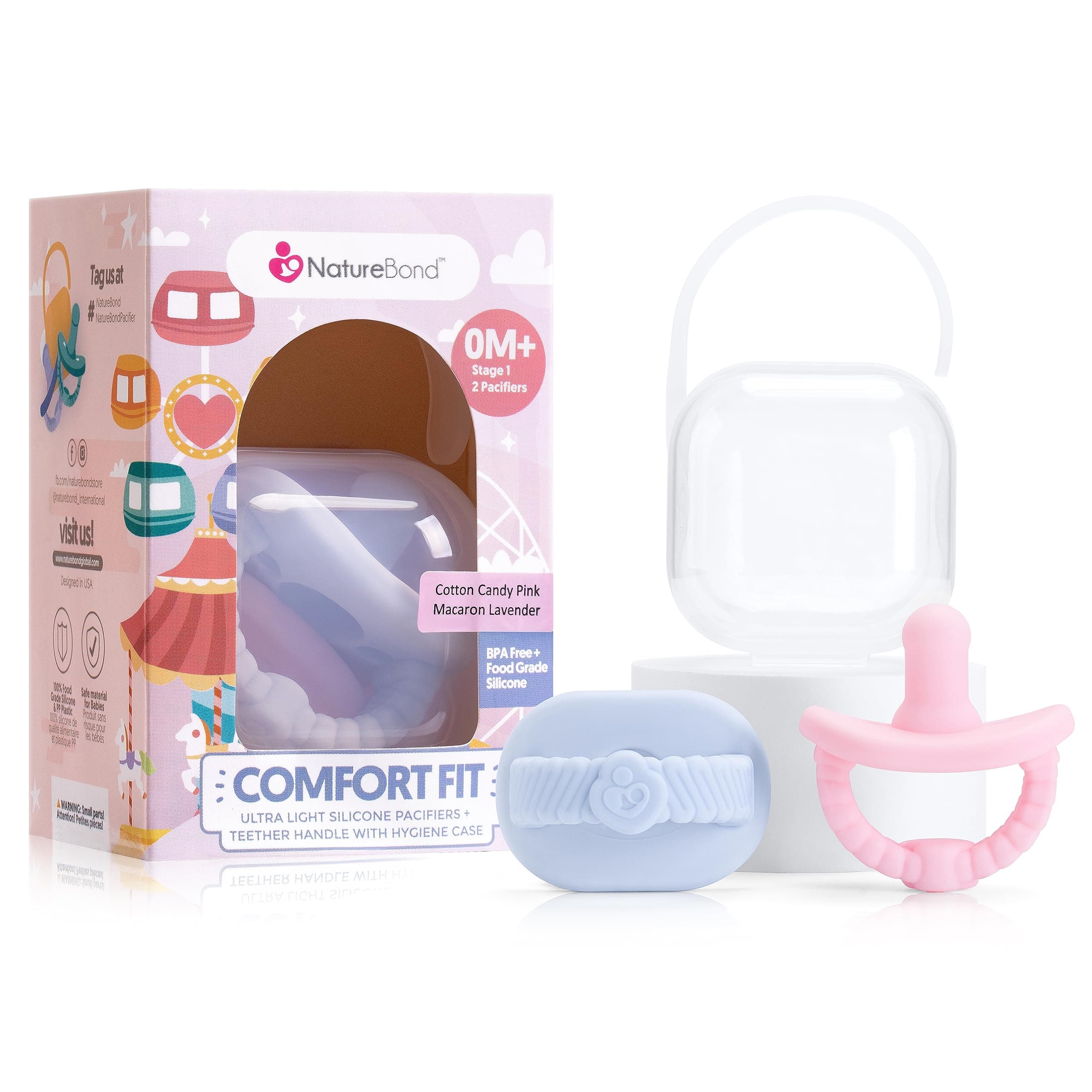 NatureBond Baby Pacifier Soother Silicone Dummy Binky Newborn Teether Pacifiers 2 in 1, Ultra-Light, Curved for Comfort | Hygiene Cover | (0-6 Months, Cotton Candy Pink and Macaron Lavender)