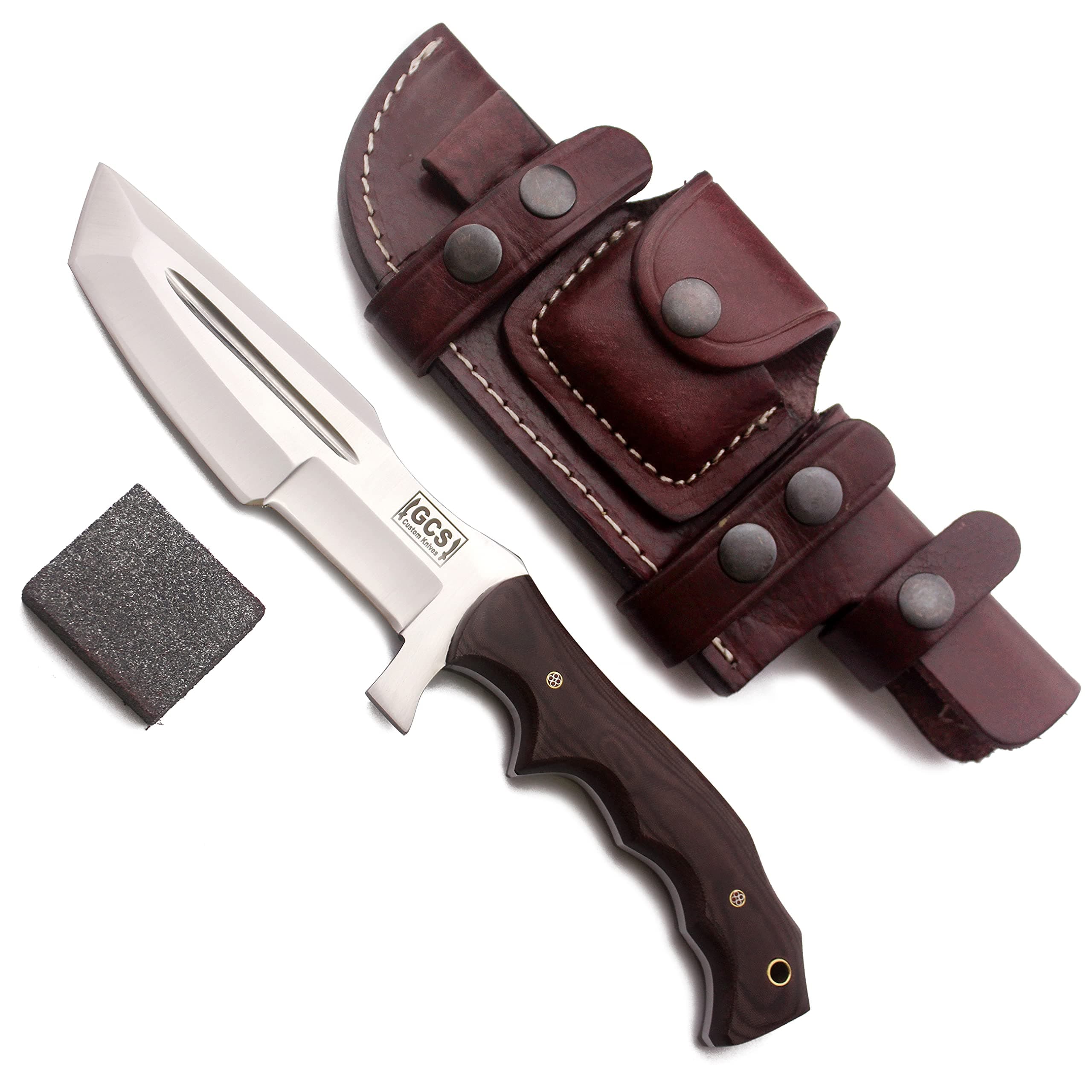 GCS Handmade D2 steel Hunting Knife G10 Handle Fixed Blade Knife Right Hand Scout Carry Buffalo leather Sheath and Sharpening Stone for Hunting Camping Survival and EDC