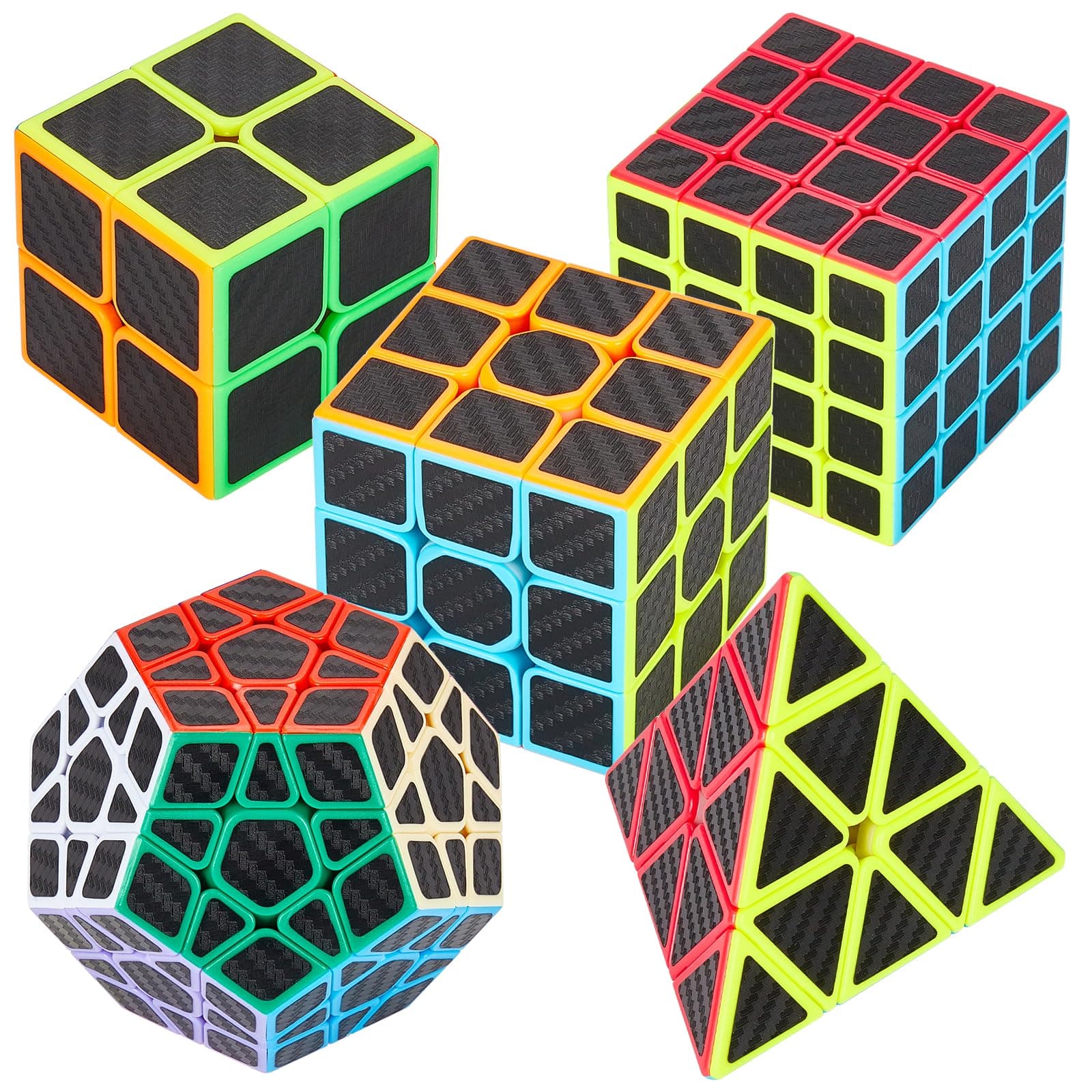 Coolzon Speed Cube Set 5 Pack Magic Puzzle Cubes Pyraminx Pyramid + Megaminx + 2x2x2 + 3x3x3 + 4x4x4 Cube Toys with Carbon Fiber Sticker for Kids Adults