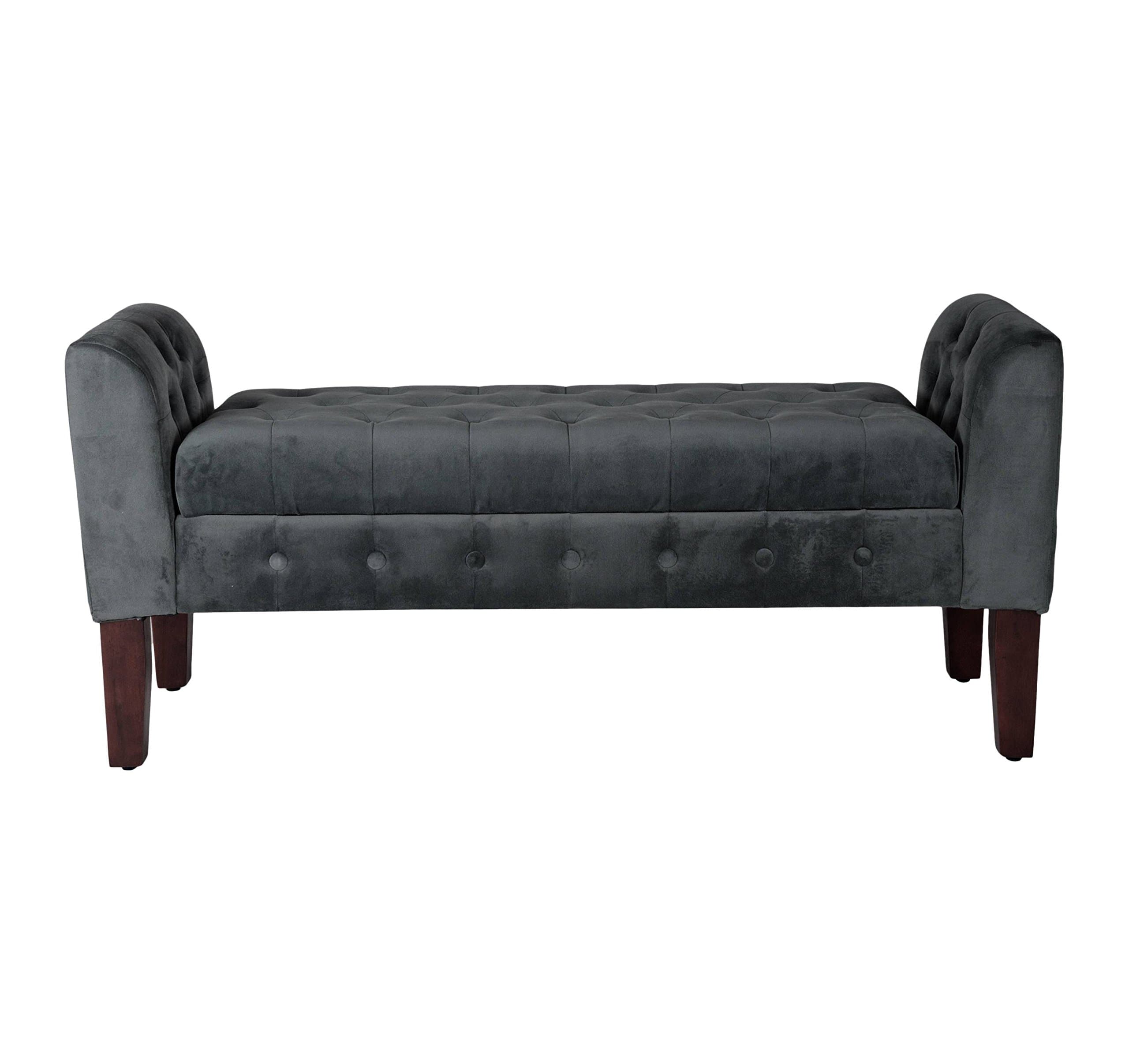 HomePop Velvet Tufted Storage Bench Settee with Hinged Lid, Dark Grey