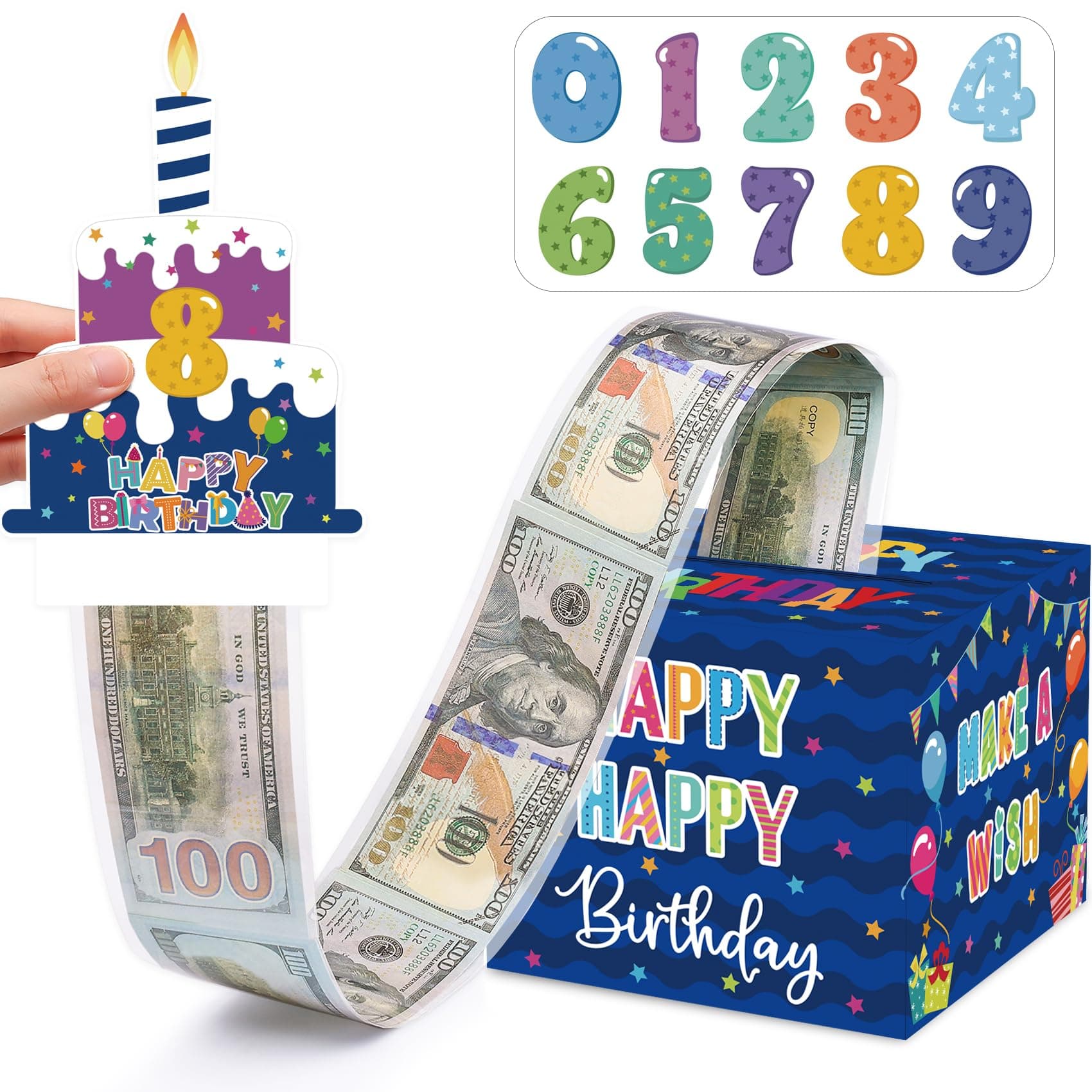 Birthday Money Box for Cash Gift Pull, Surprise Gift Boxes for Money, Money Holder Box with Pull Out Happy Birthday Card and 50Pcs Transparent Bags, Money Gift Ideas for Kids and Adults