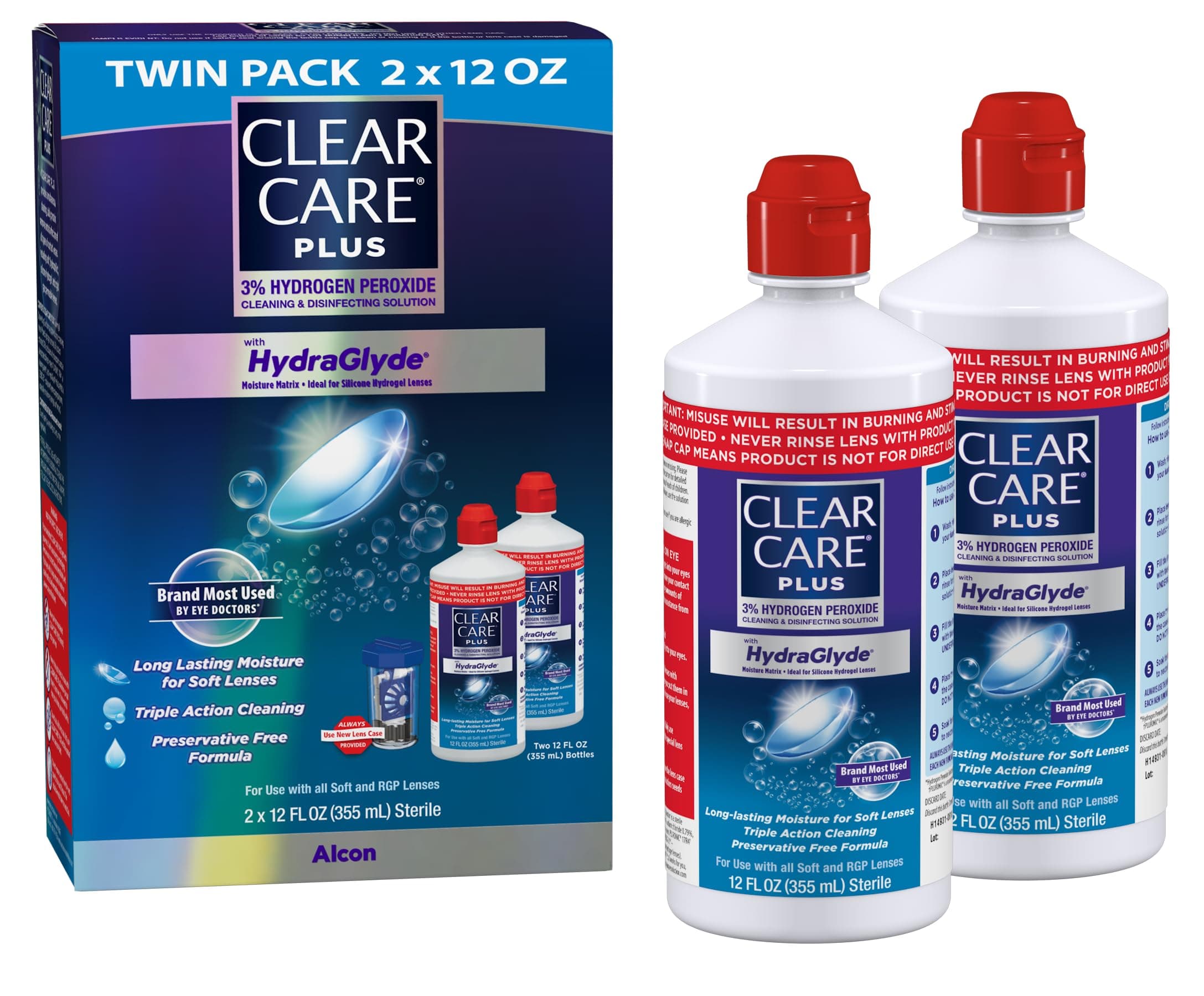 Clear Care Plus Cleaning and Disinfecting Solution with Lens Case, Twin Pack, 12-Ounces Each