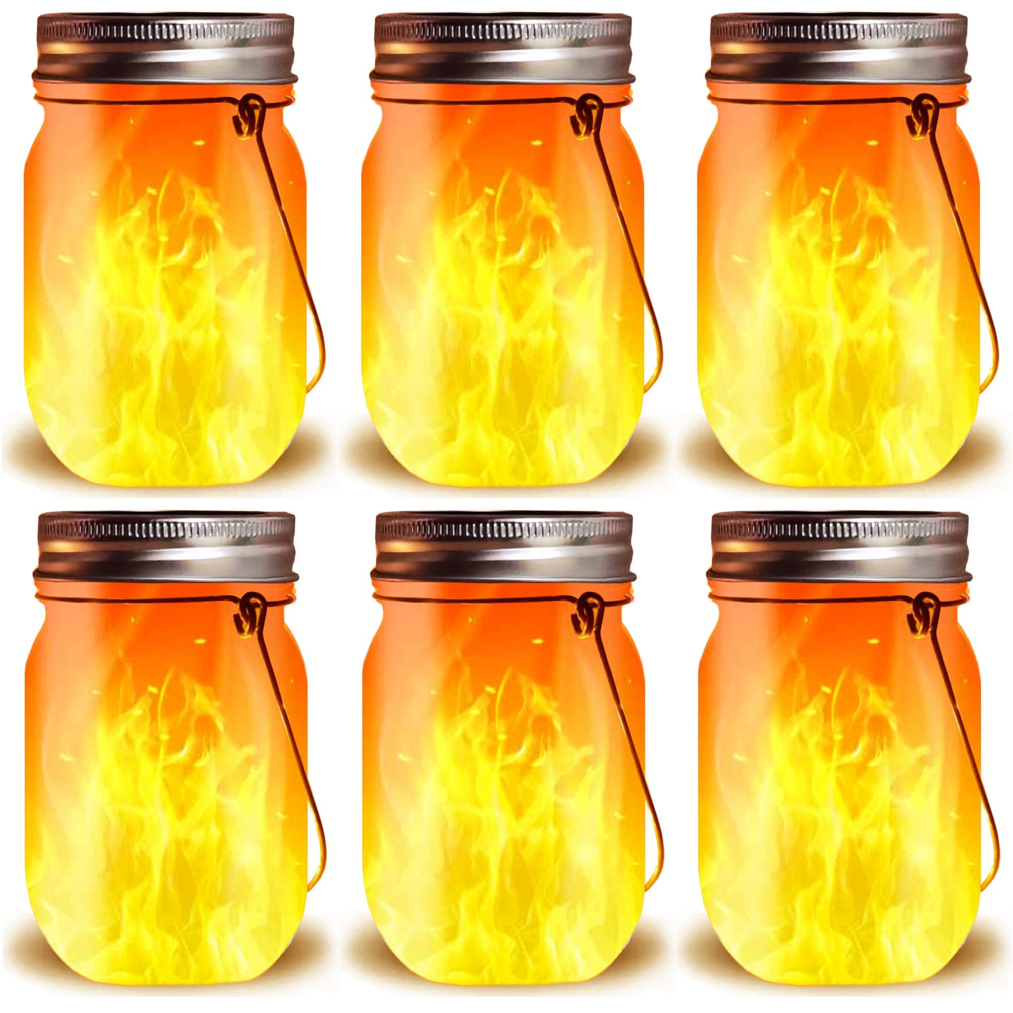 Solar Flame Lights Lanterns,6 Pack Glass Mason Jar Torches with Dancing Flickering Flames, Auto On/Off Dusk to Dawn,Landscape Garden Christmas Lights Decor