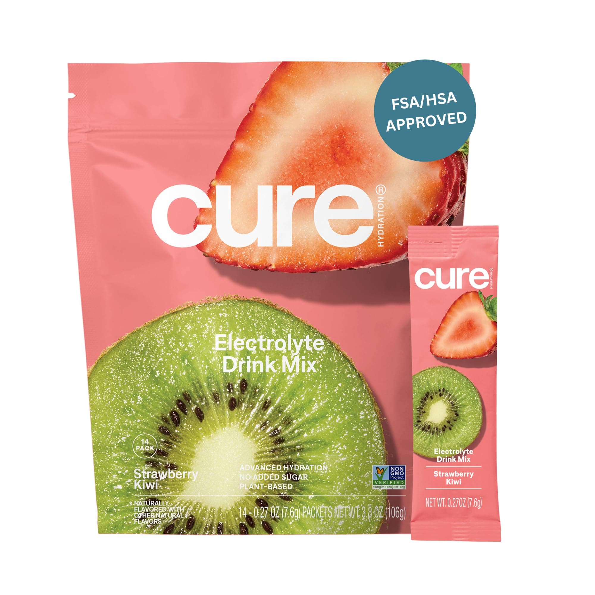 Cure Hydrating Electrolyte Mix | Electrolyte Powder for Dehydration Relief | Made with Coconut Water | No Added Sugar | Vegan | Paleo Friendly | Pouch of 14 Packets - Strawberry Kiwi