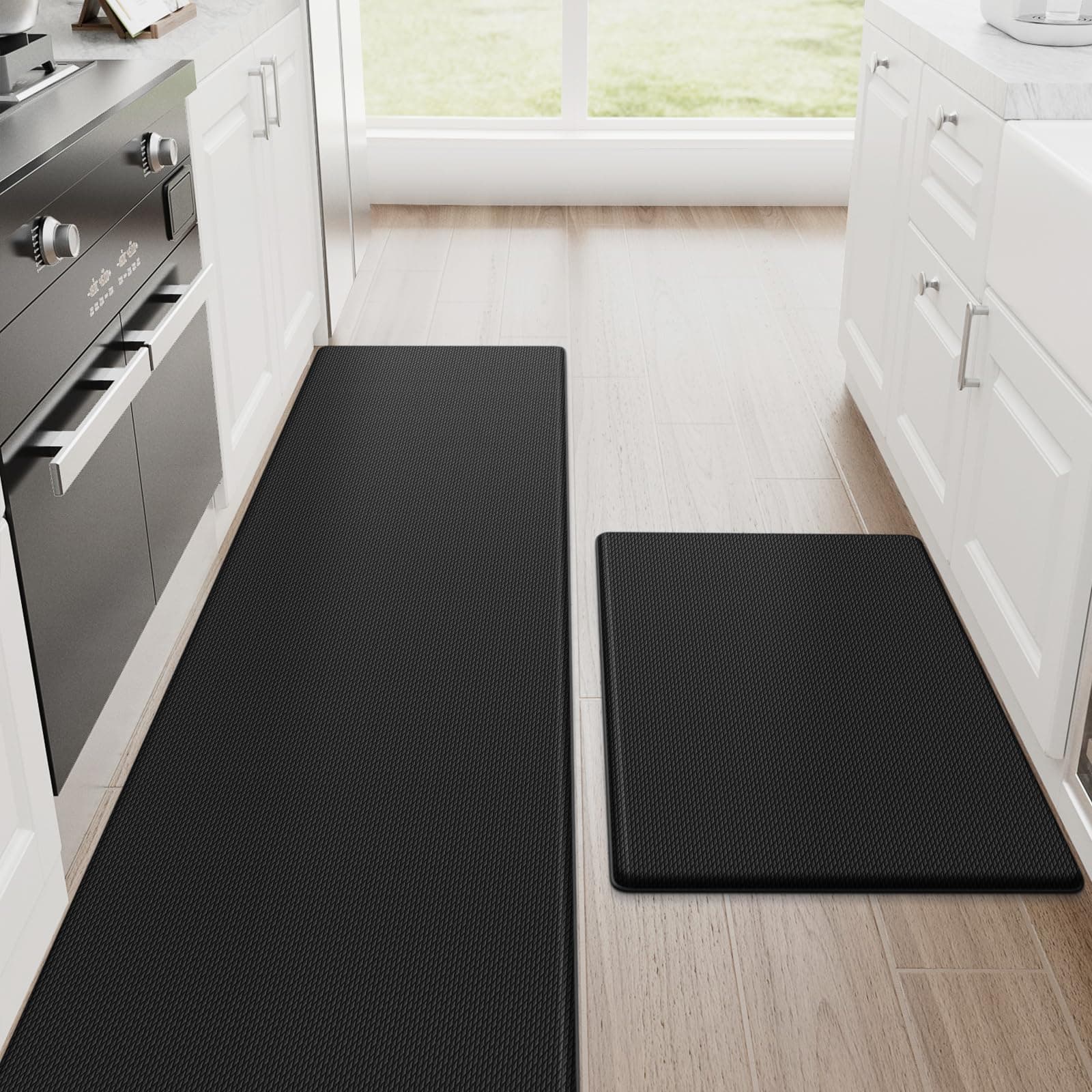 StepRite Kitchen Mats, 2PCS Kitchen Rugs, Cushioned Anti Fatigue Kitchen Mats for Floor, Non-Slip Standing Desk Mat, Waterproof Kitchen Rug Set for Kitchen, 20" x 32"+20" x 71"-0.4 inch Thick, Black