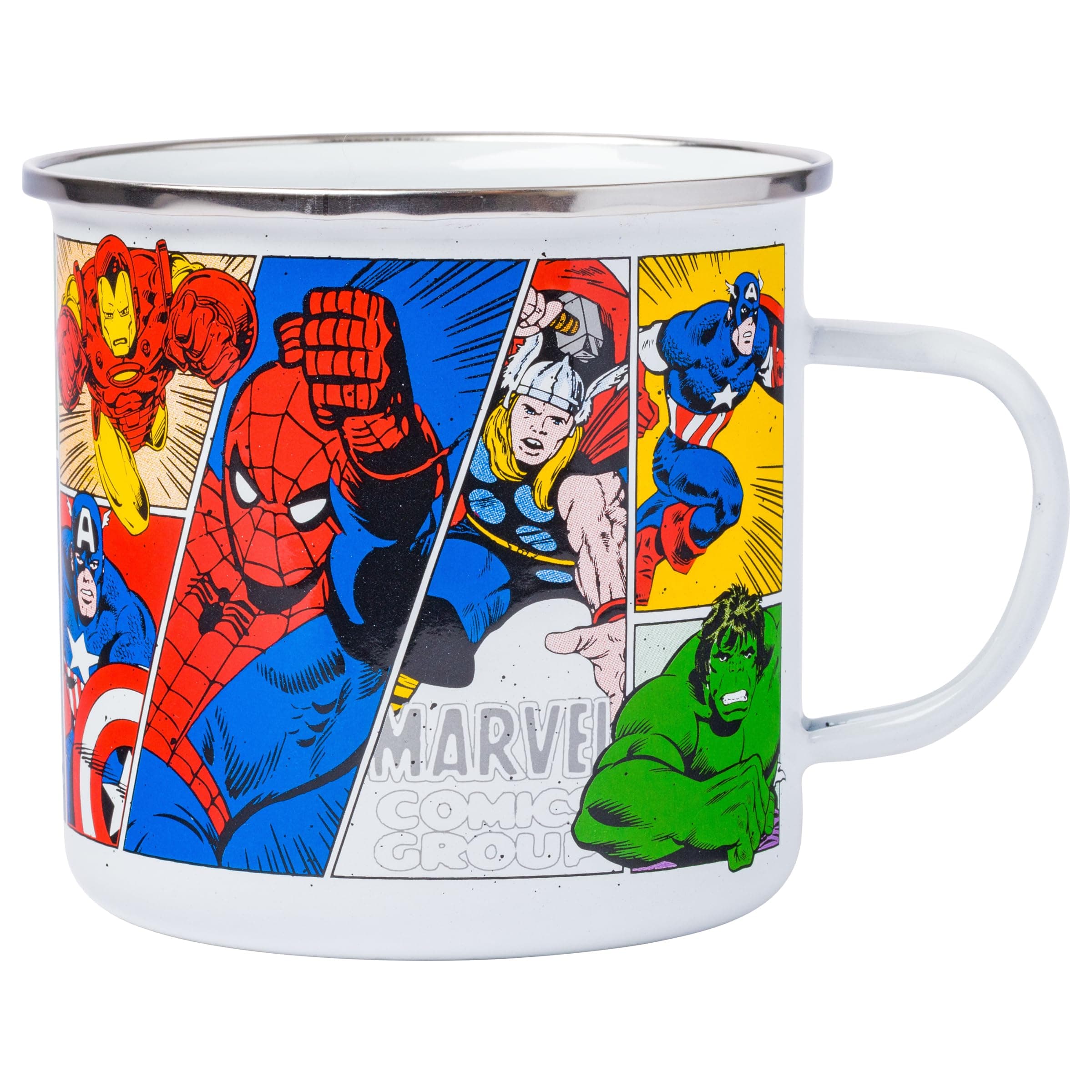 Silver Buffalo Retro Vintage Panel Marvel Comics Avengers Camper Coffee Mug Featuring Captain America, Hulk, Thor, Spider-Man, Black Widow, and Iron Man, 21 Ounces
