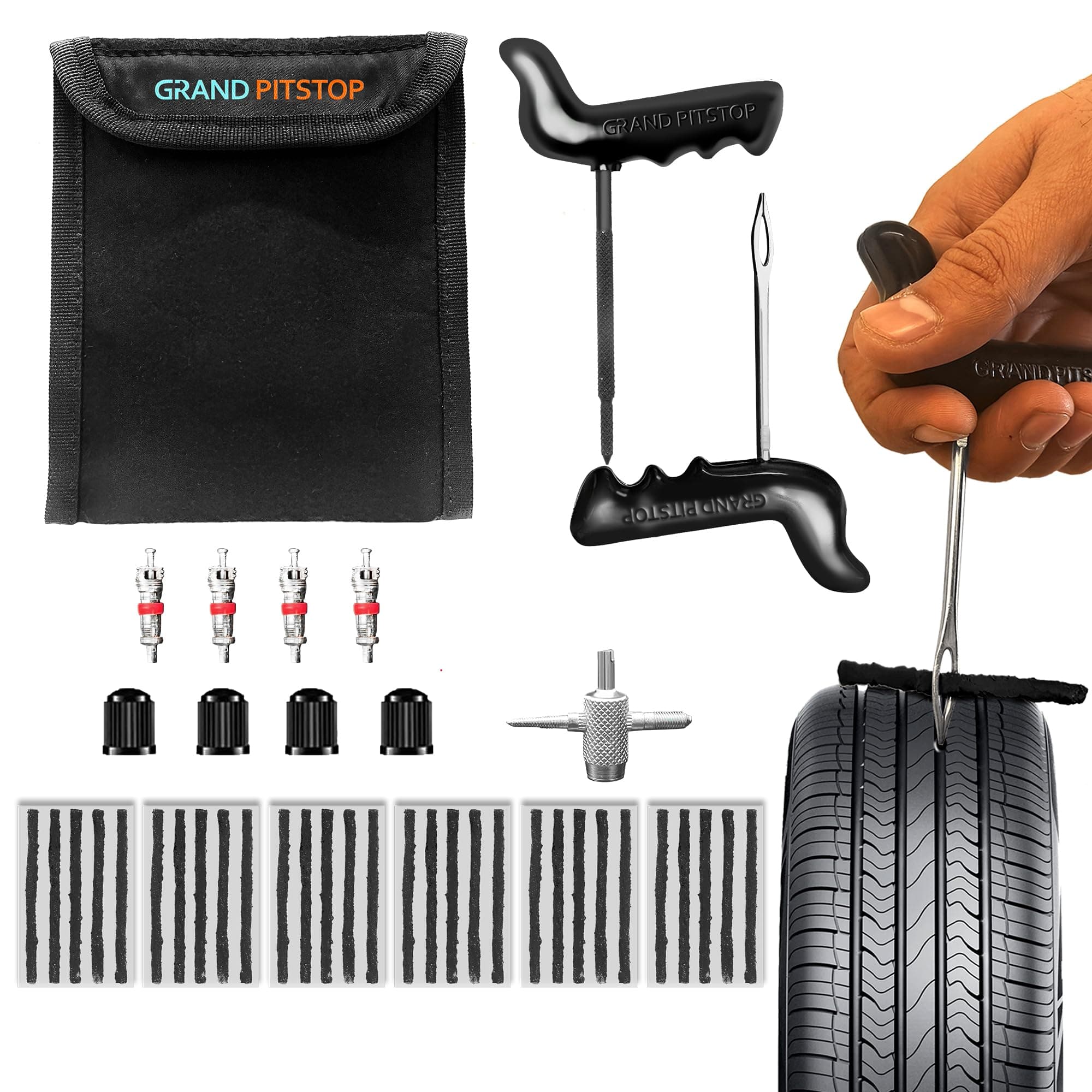 GRAND PITSTOP Universal Tire Puncture Repair Kit includes T Handle for insertion X 1, Tire Reamer Tool X 1, 4 ways valve stem tool X 1, Valves X 4, Cutter X 1, Repair Plugs X 30