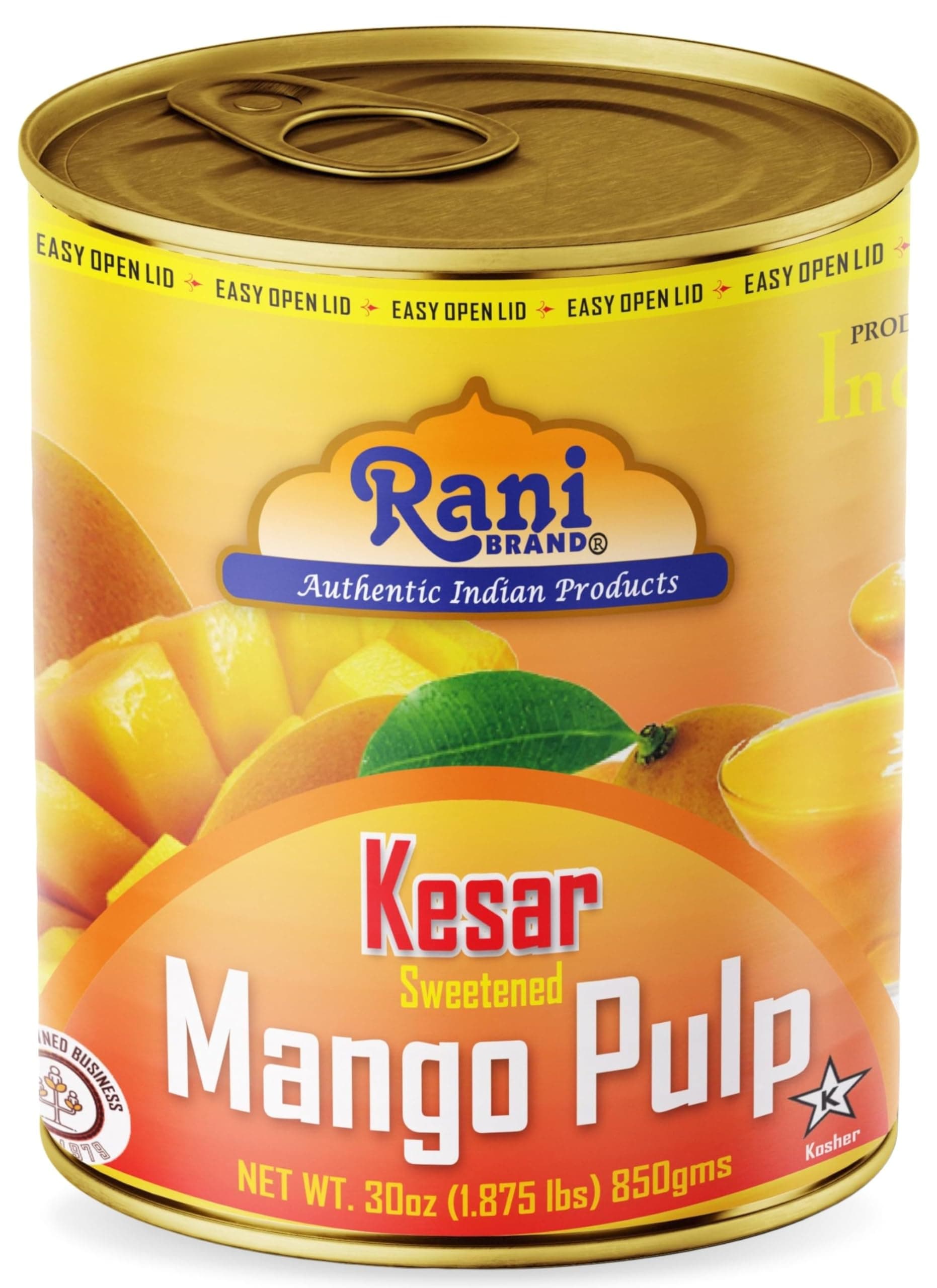 – Rani Mango Pulp Puree (Makes Mango Lassi Shakes) Kesar Sweetened 30oz (1.875lbs) 850g ~ Kosher | All Natural | NON-GMO | Vegan | No colors | Gluten Friendly | Indian Origin