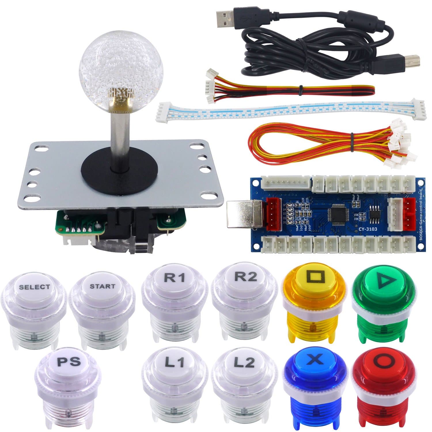 Arcade Game Stick DIY Kit Buttons with Logo 8 Way Joystick USB Encoder Cable Controller for PC PS3 PS2 MAME Raspberry Pi Color Mix