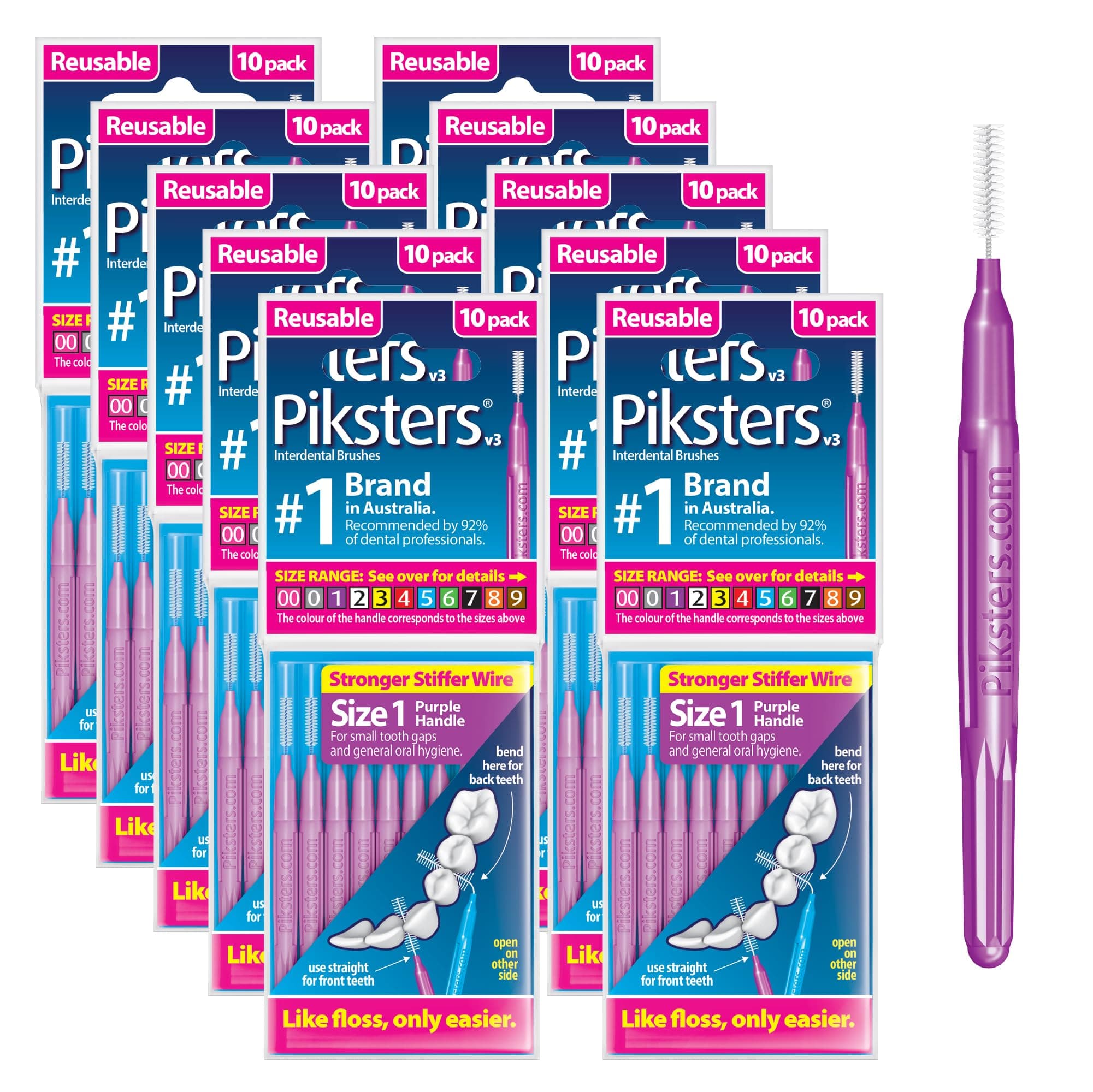 PIKSTERS Interdental Brush-10 Brushes Per Pack x 10 (100pcs) (- Size 1 Purple 0.50mm)