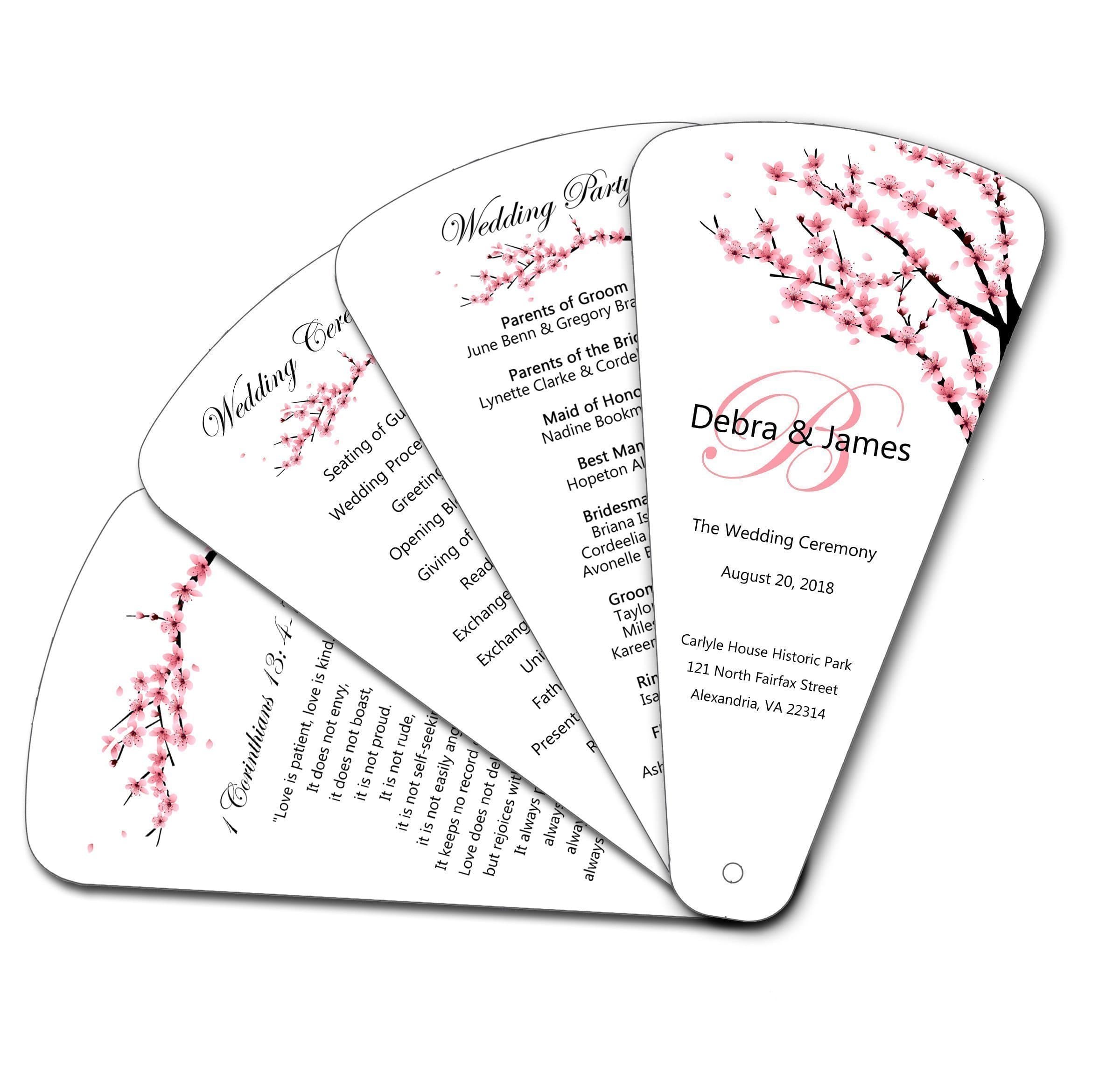 Cherry Blossom 4 Page Petal Wedding Ceremony Program Hand Fans - Blade Die Cut - Set of 20 - Includes FREE Design* and Assembly*