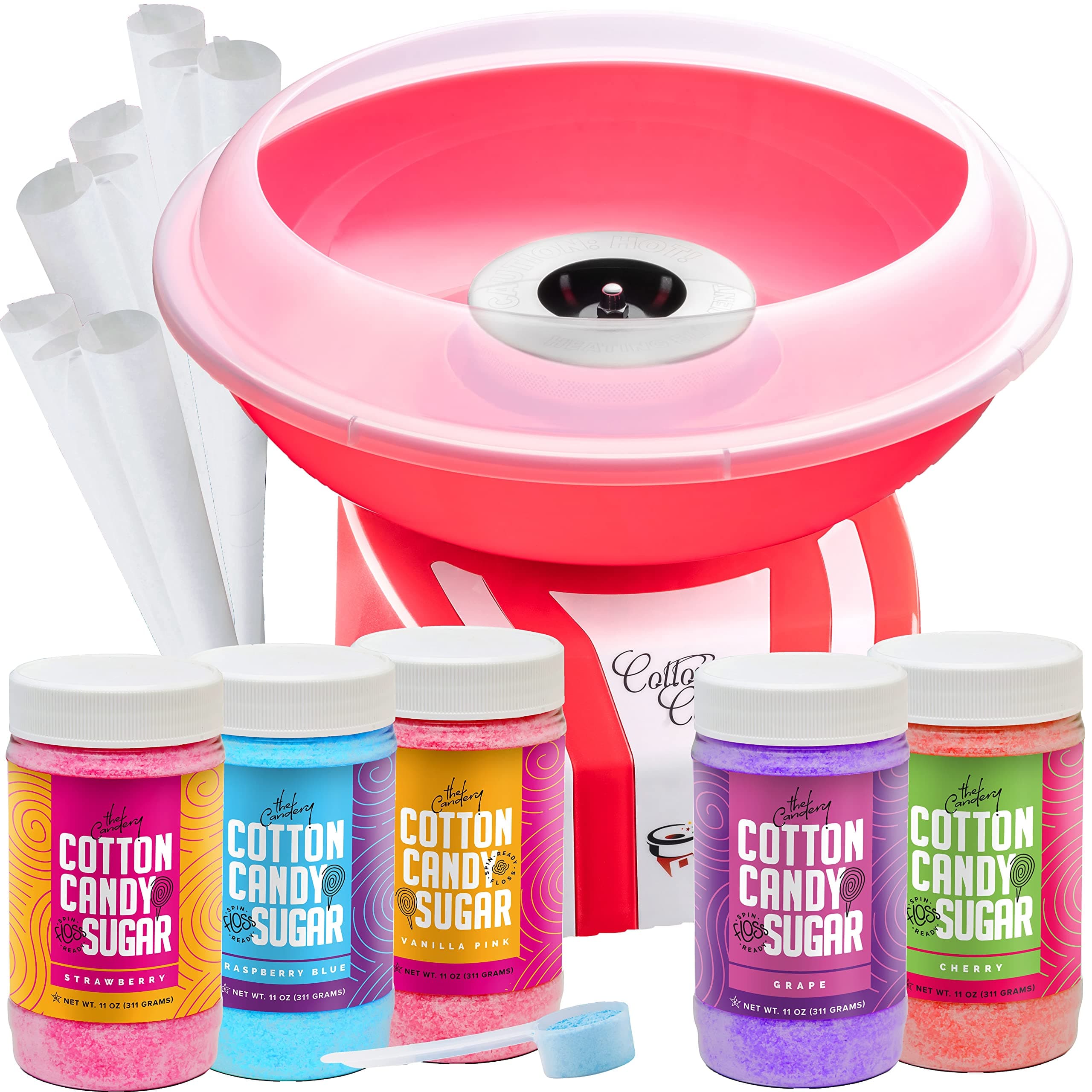 Cotton Candy Machine and Floss Bundle- Bright, Colorful Style- Sugar Free Candy, Sugar Floss, for Birthday Parties - Includes 5 Floss Sugar Flavors 12oz Jars and 50 Paper Cones & Scooper