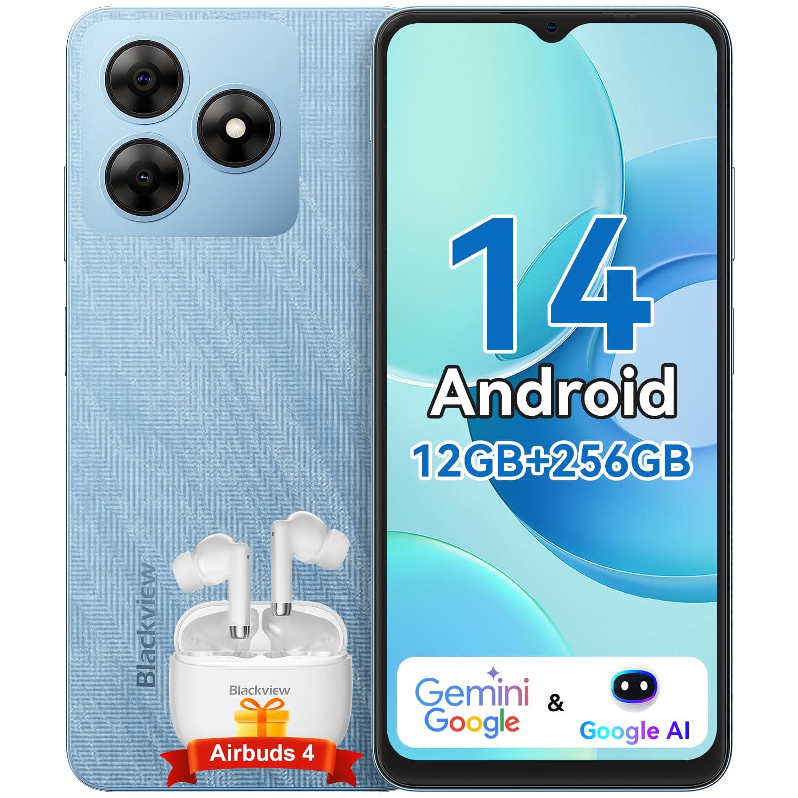 Blackview WAVE 8 Android Phones, 12GB+256GB/2TB, Android 14 Smart Phone, 6.56" HD+ 90Hz Display, 5000mAh Long Battery, 13MP+8MP, 4G Dual SIM Unlocked Mobile Phones, Fingerprint/Face Unlocked -Blue