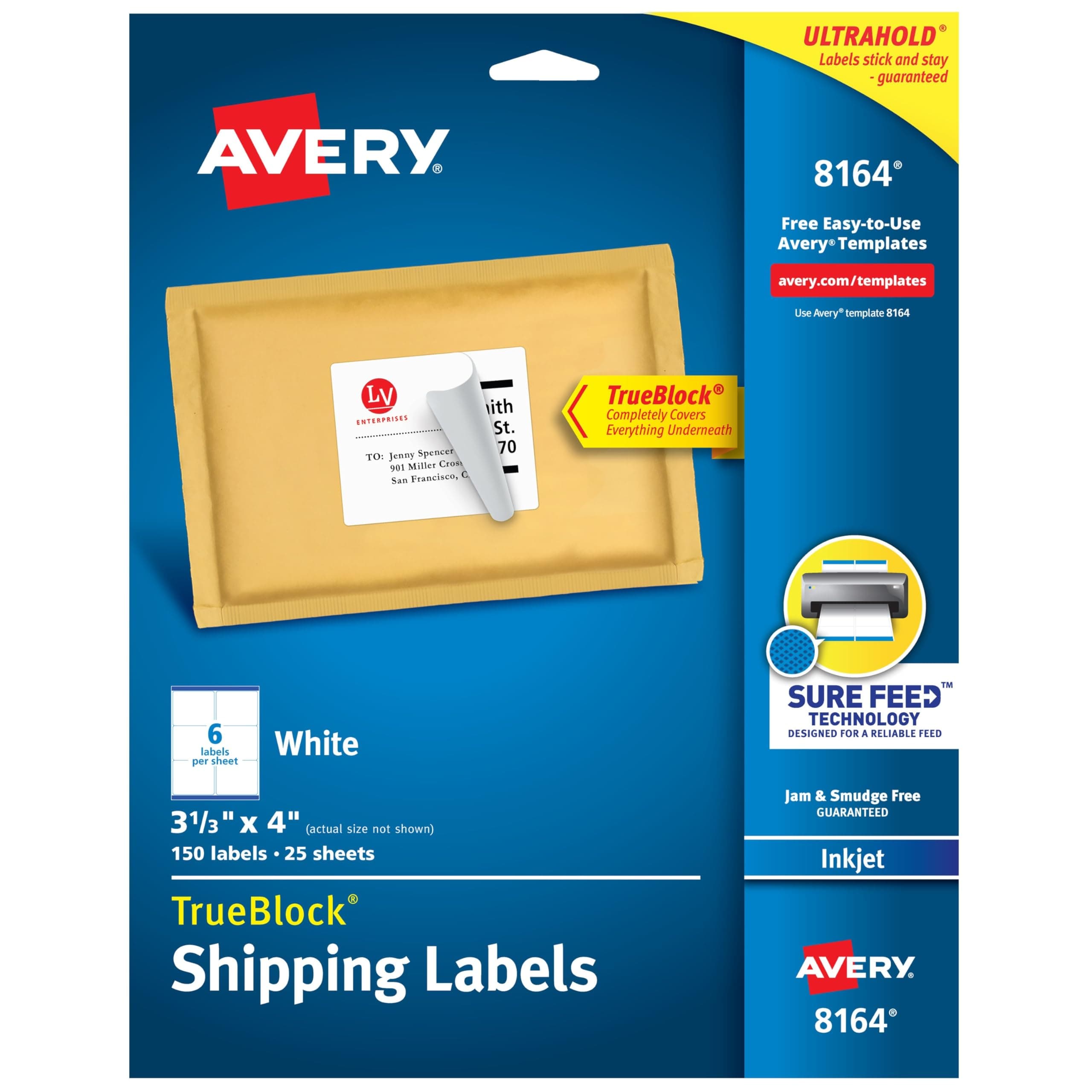 Avery Printable Shipping Labels with Sure Feed, 3-1/3" x 4", White, 150 Blank Mailing Labels (8164)
