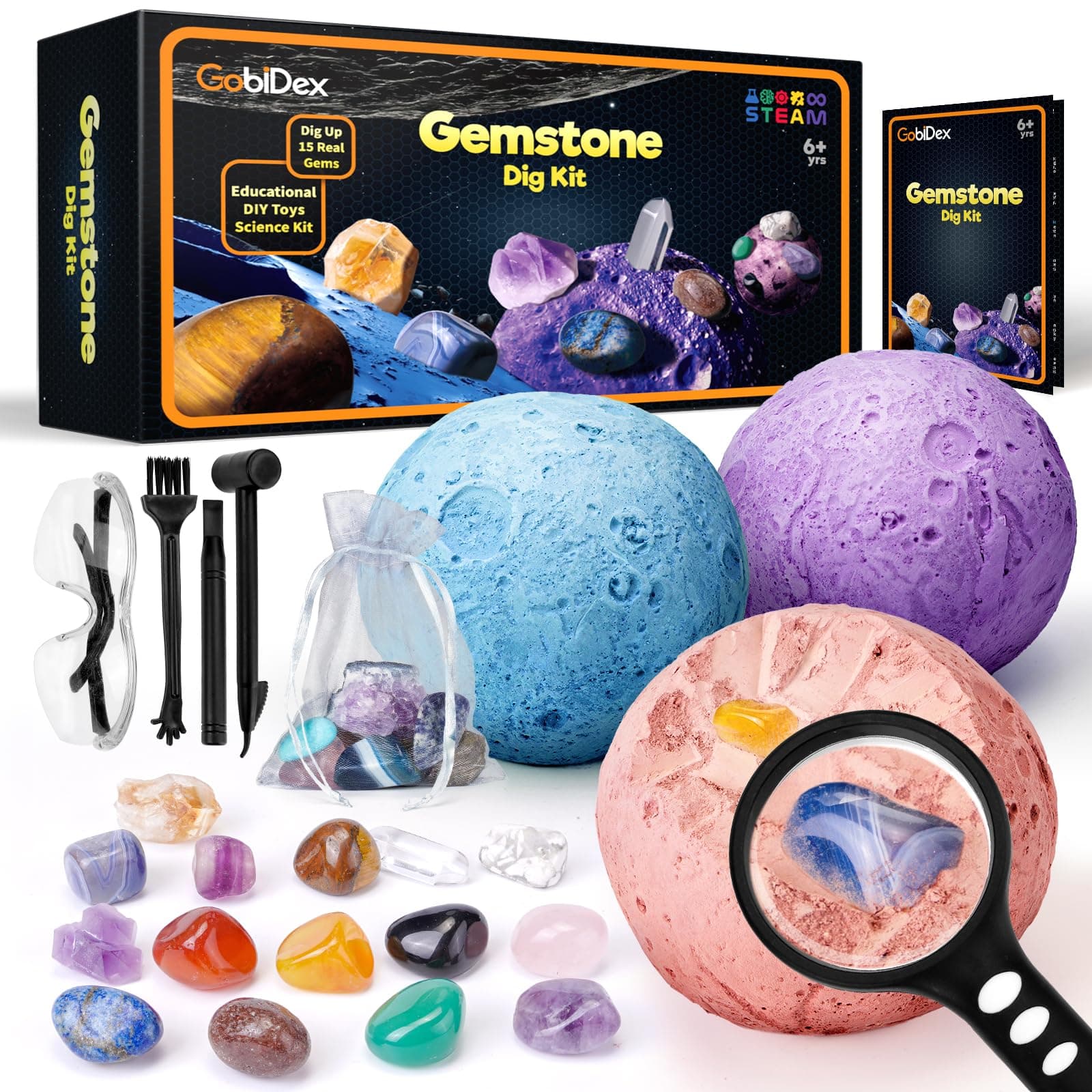 Mega Gemstones Dig Kit - Dig Up 15 Real Gems and Crystals, Geology Educational Excavation Kit for Boys and Girls Ages 6+, Science Digging Set with Crystals, Rocks, and Stones