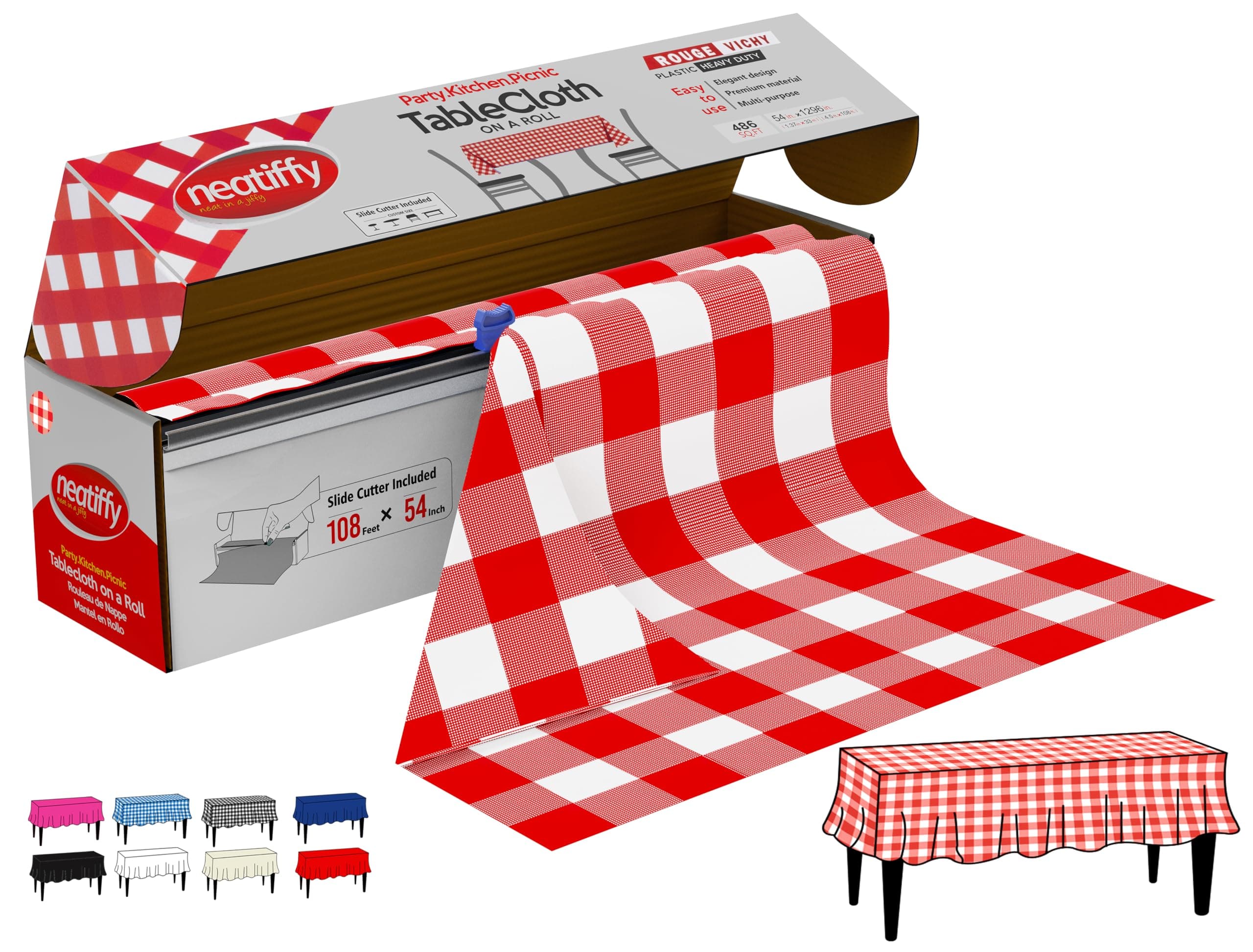Neatiffy Disposable Plastic Table Cloth Roll | 54 in x 108 Ft Waterproof Tablecloth | Table Cover for Rectangle, Square, Round Oval Tables | Picnic, Party, Banquet, Birthdays, Weddings, Red Checkered
