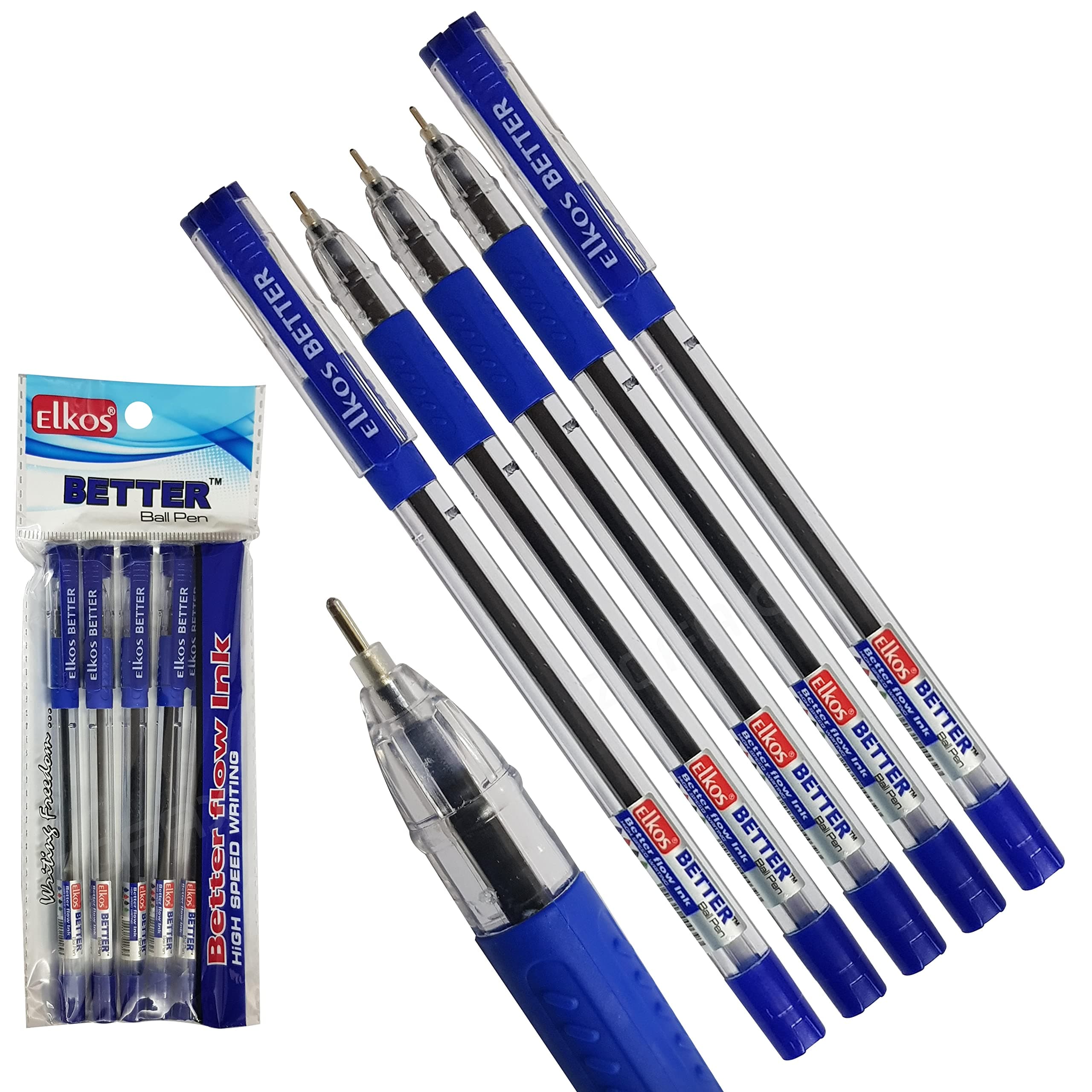 ELKOS BLUE Ballpoint Pens, 0.7mm Fine Point, Pack of 5, Better Ball Pens, Smooth Writing, Soft Grip, School Office Home Use, ZOFAX Black Ball Pen