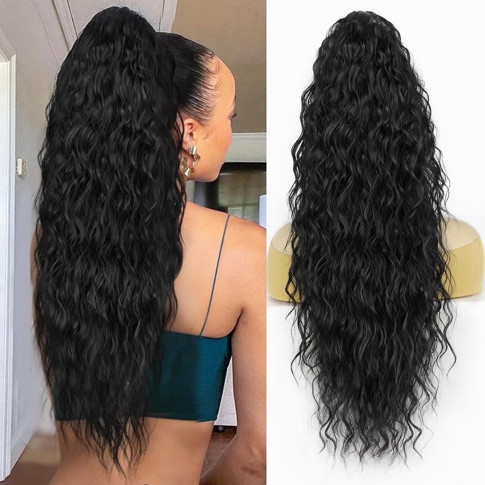 Drawstring Ponytail Extension,Long Curly Wavy ponytail extension for black women 26 Inch black clip in ponytail hair extensions