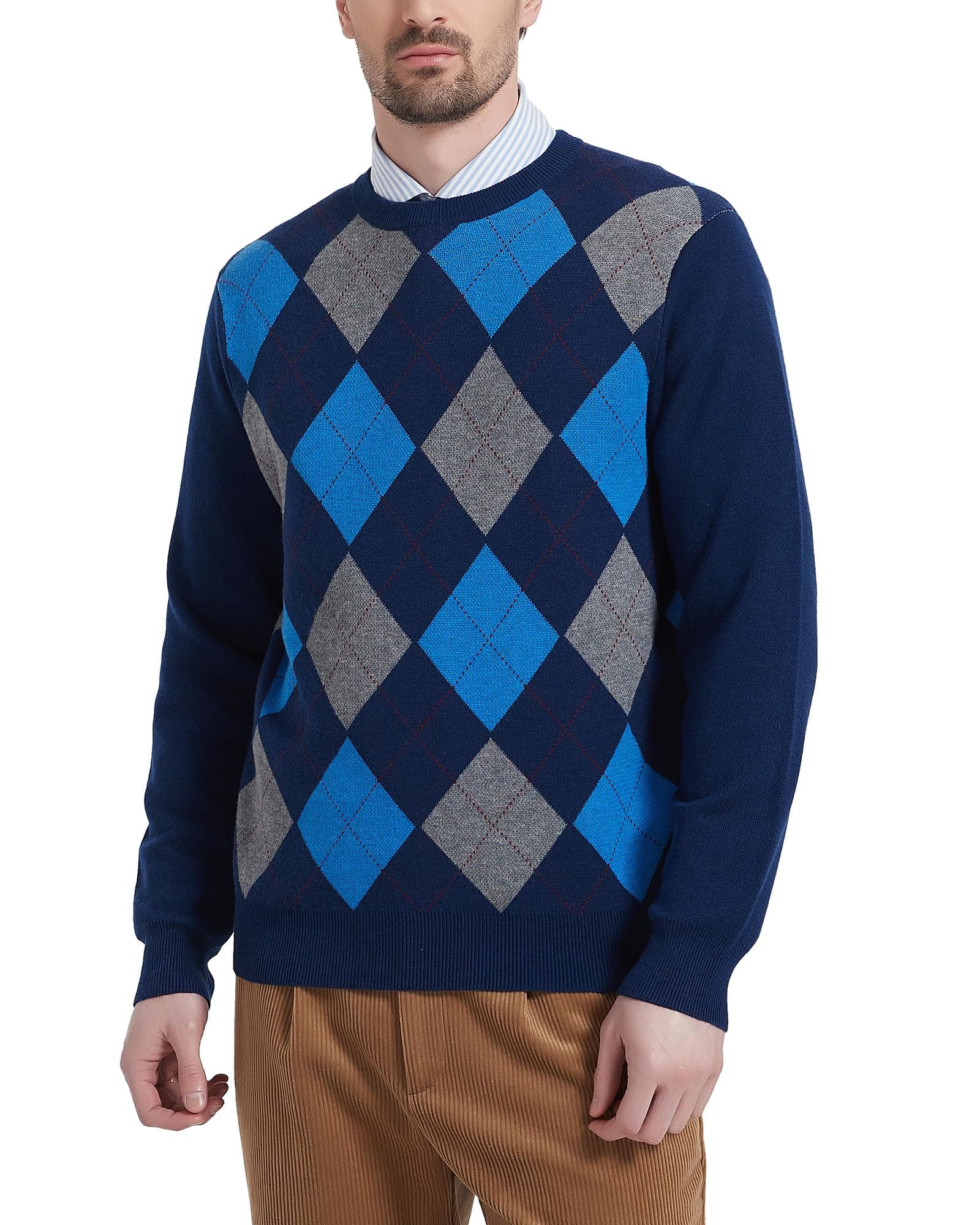 Men's Wool Blend Crewneck Sweater Argyle Long Sleeve Pullover Sweater for Casual Or Dressy Wear