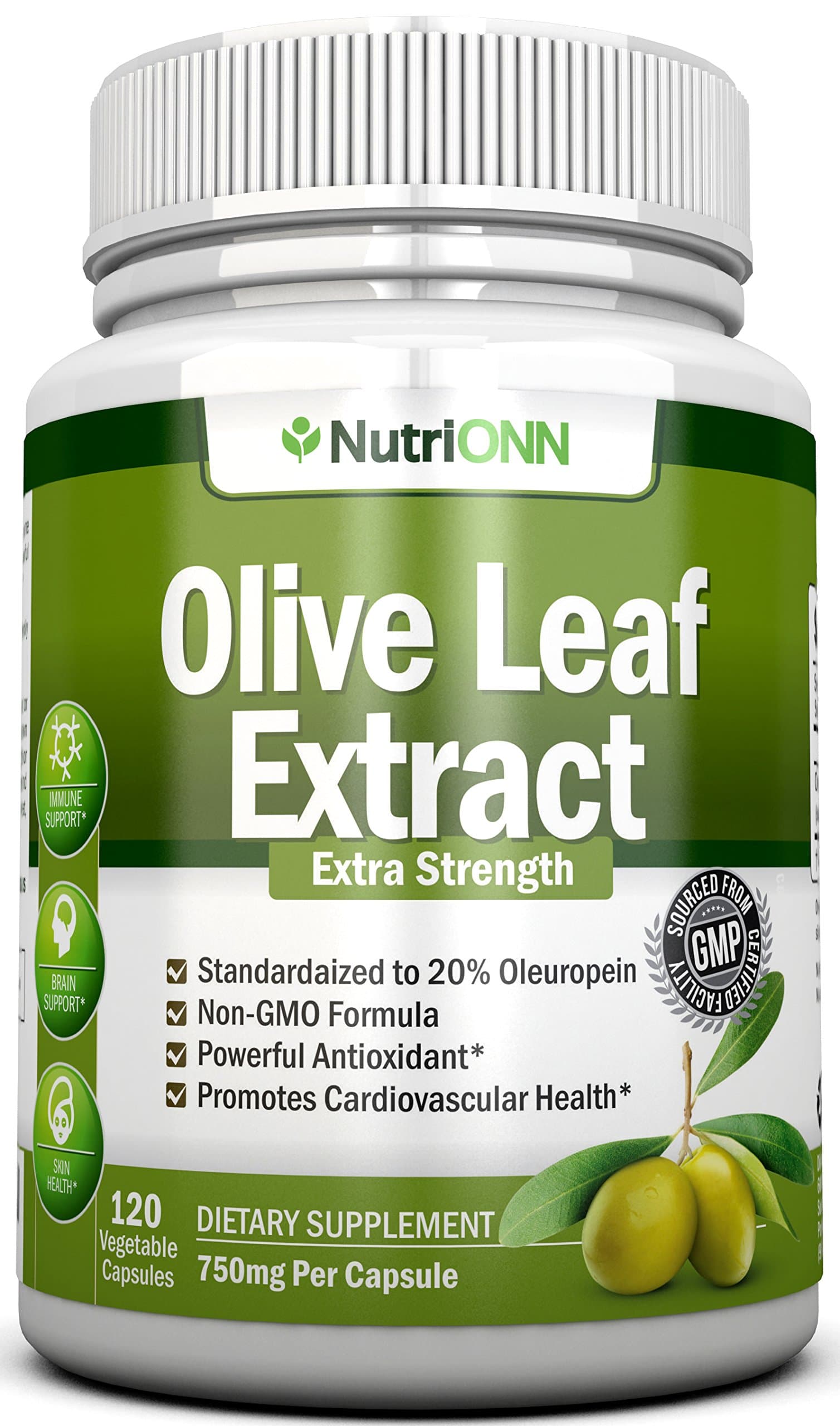 Olive Leaf Extract - 750 Mg - 120 Capsules - Extra Strength - 20% Oleuropein - Non-GMO Formula - Premium Quality From Pure Olive Leaves - Powerful Antioxidant - Great for Heart, Skin and Immune System