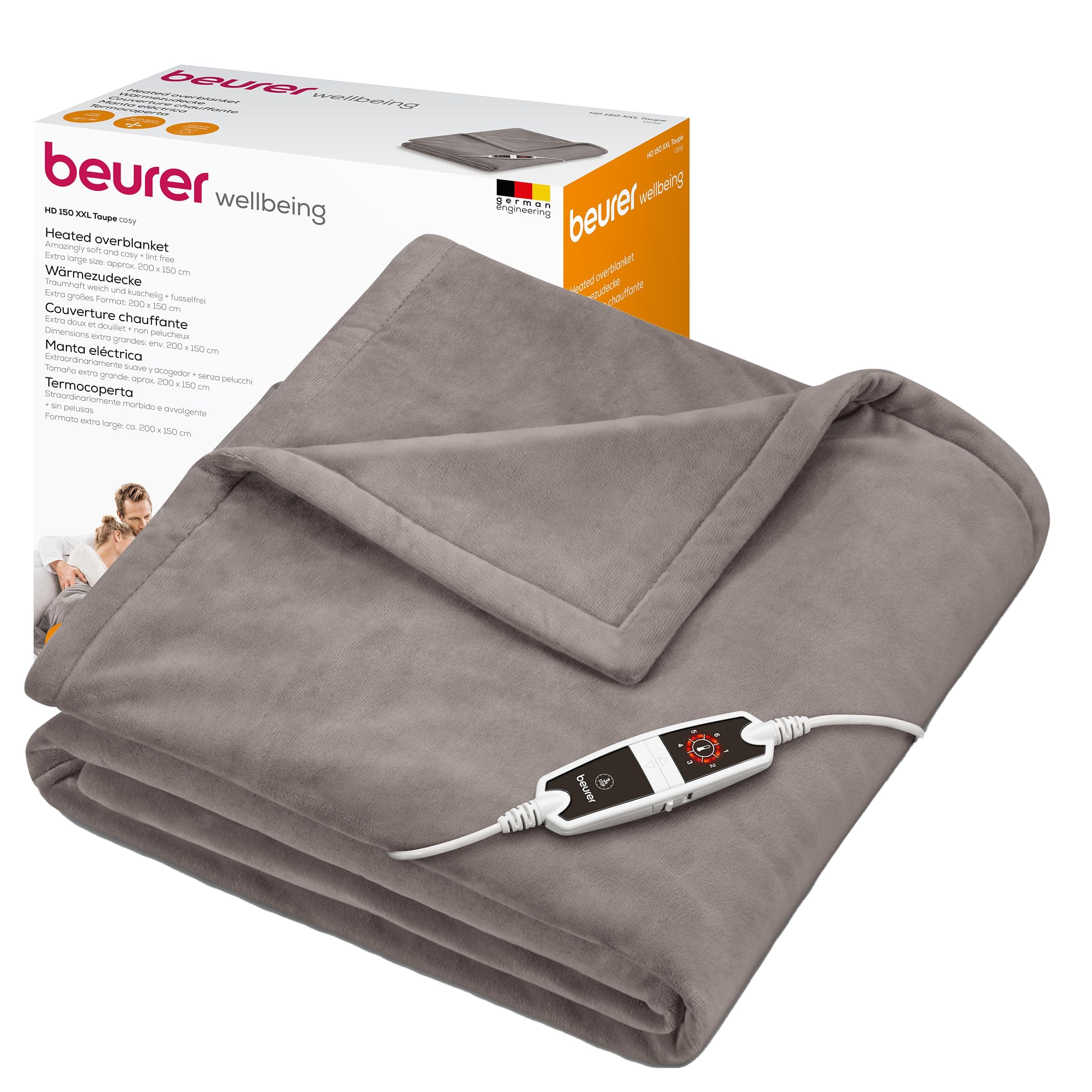 Beurer HD150 XXL Electric Blanket with 6 Temperature Settings, Soft Heated Throw for Cosy Sofa Nights, Automatic Switch-Off & Safety System, Machine-Washable, Taupe, 200 x 150 cm