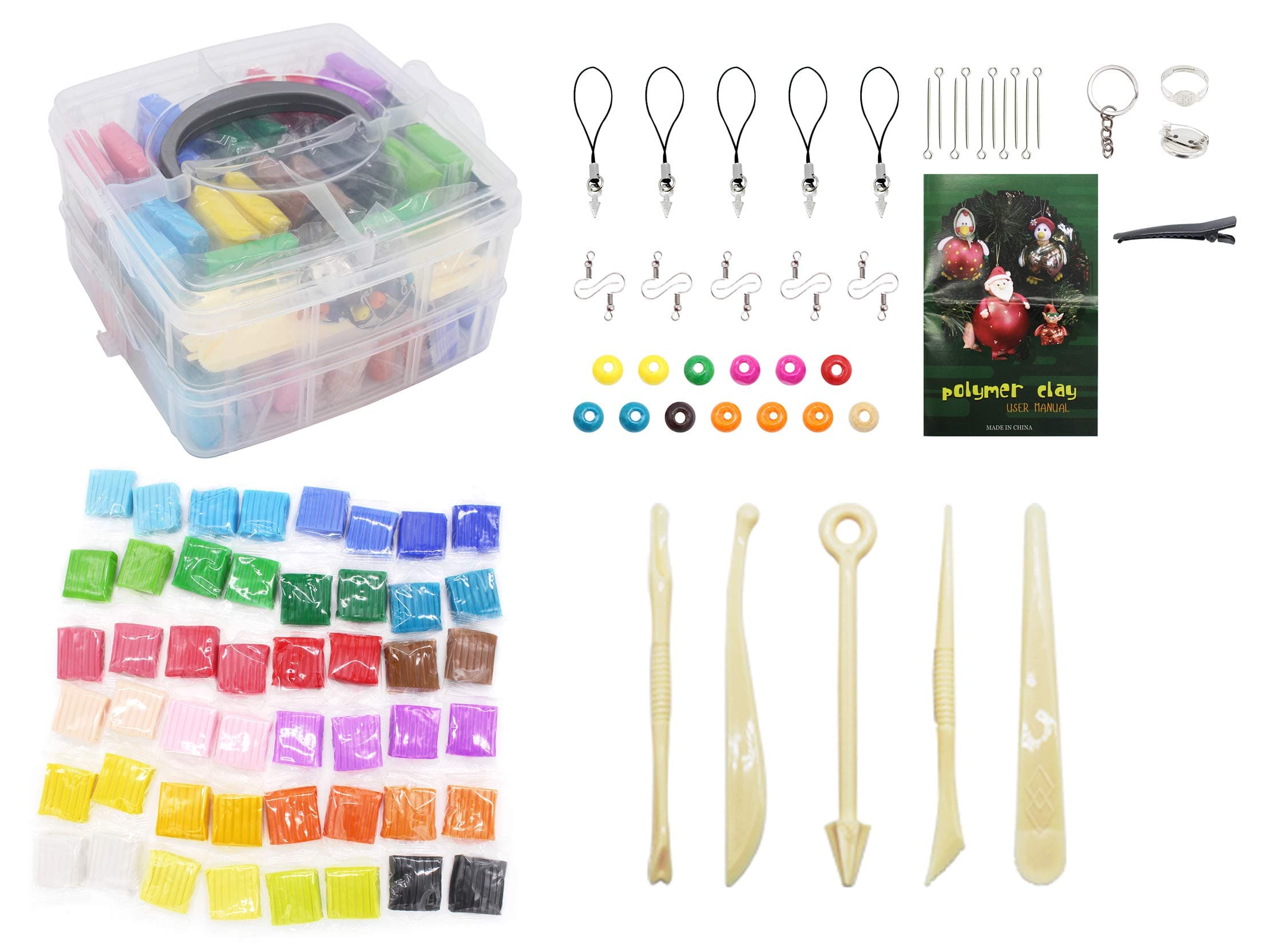 48Pcs Polymer Clay Soft Craft Oven Bake Modelling Clay Kit Portable Suitcase with Tools and Accessories 24 Colored Blocks DIY Clay for Children,2.2LB