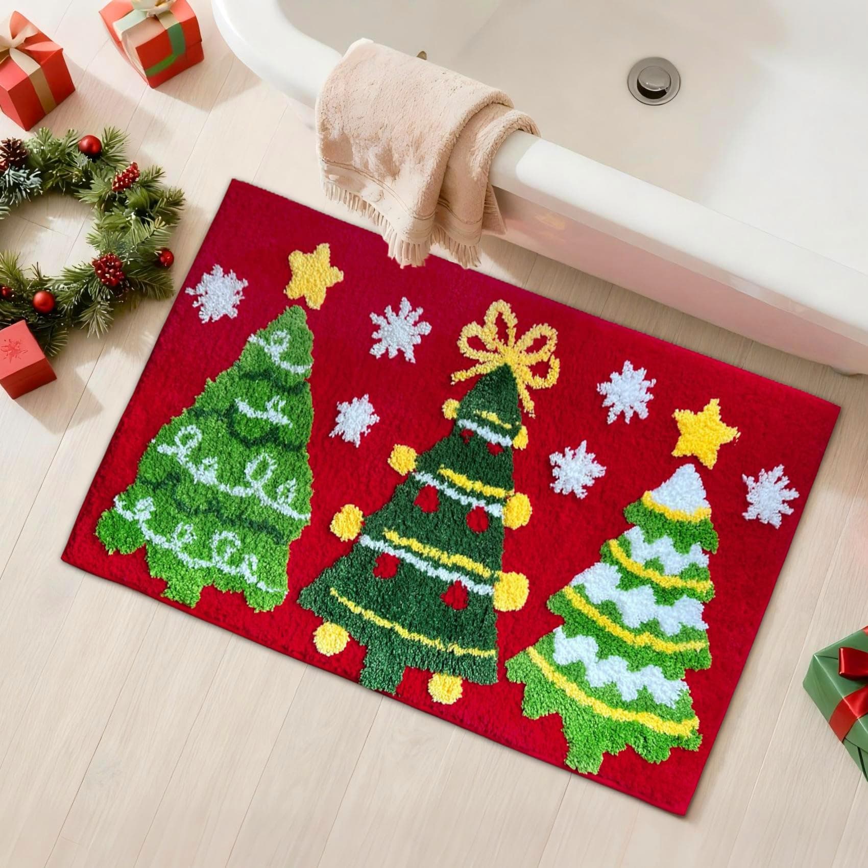 Baccessor Christmas Tree Bath Rugs Mat Colorful Pine Tree Plush Non Slip Water Absorbent Washable Red Green Bathroom Rugs Mats for Christmas Bathroom Bedroom Holiday Decor 20 x 32 Inch
