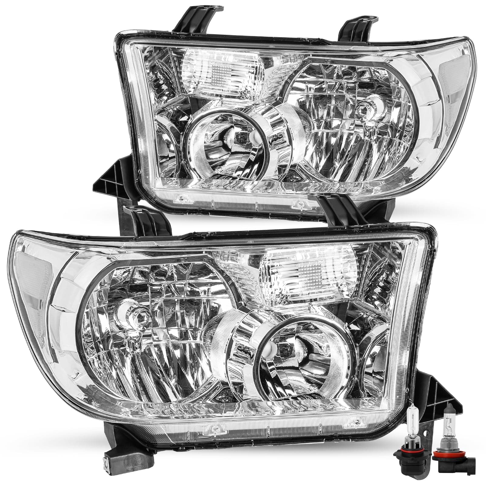JSBOYAT Headlight Assembly Fit for 2007 2008 2009 2010 2011 2012 2013 Toyota Tundra / 2008-2017 Sequoia Chrome Housing with Clear Reflector(Bulbs Included),w/o Leveling Adjuster