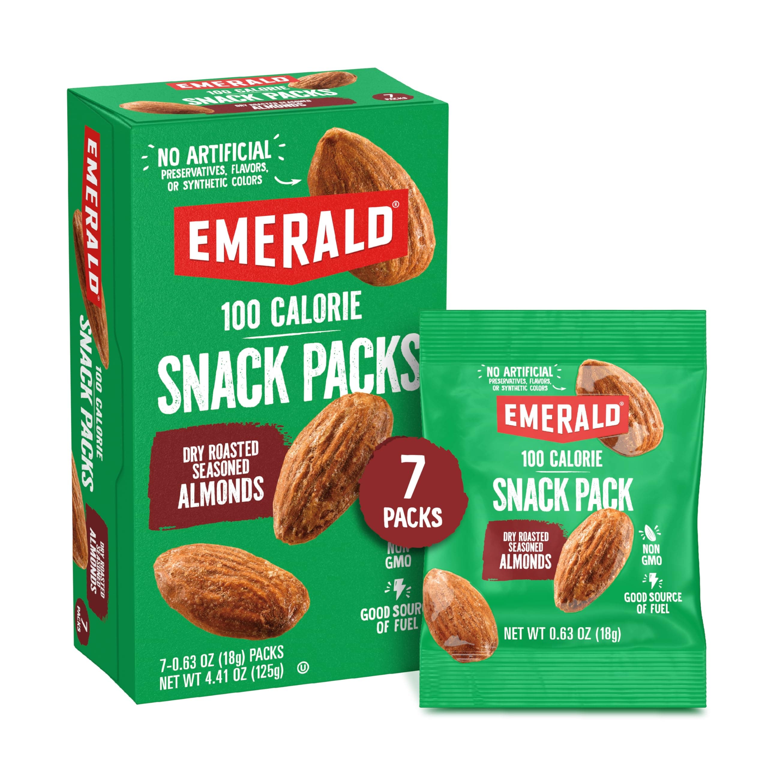 Emerald Nuts Dry Roasted Almonds 7ct (1-Pack) | 100-Calorie Individual Snack Packs | Plant-Based Protein, Kosher Certified, Non-GMO | Contains No Artificial Preservatives, Flavors or Synthetic Colors