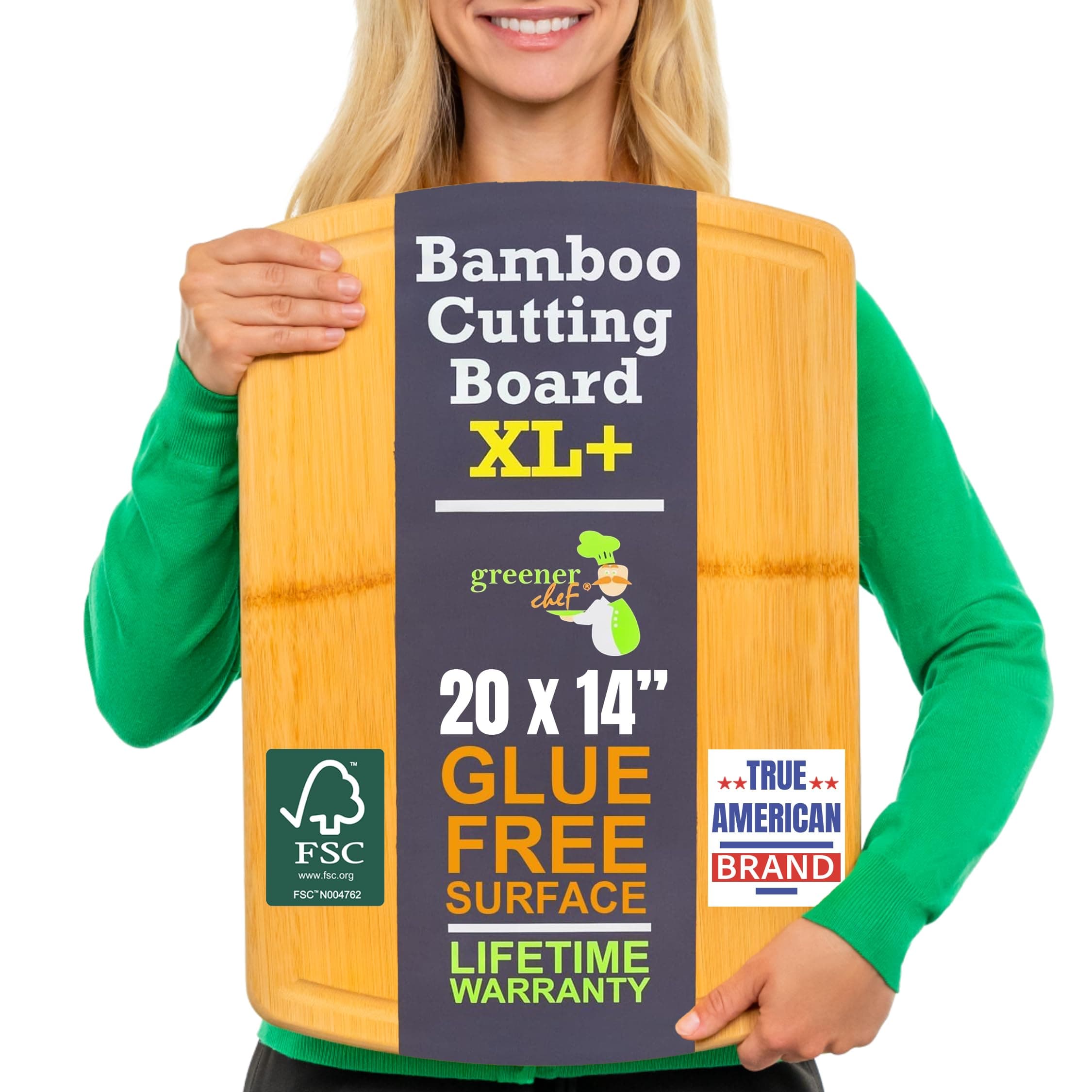 Greener Chef 20 Inch Bamboo Cutting Board Featuring Super-Sized Glue-Free Surface™ – Heavy Duty Butcher Block for Safe Meal Prep, Chopping & Carving with Lifetime Replacements