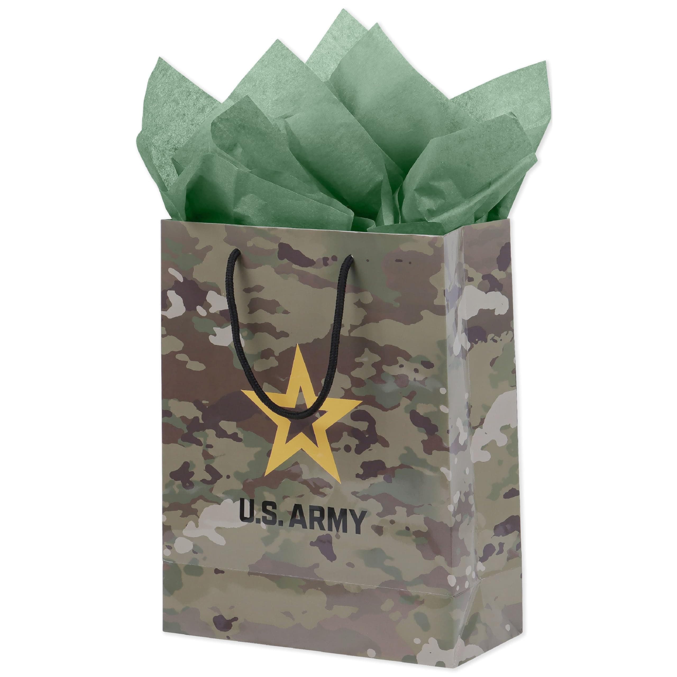 U.S. Army Gift Bag (1) Stunning, Durable Medium Bag - Includes 2 Hunter Green Tissue Papers, Black Rope Handles & Tag, Army Themed Gift Bag, Veteran Gifts (Brown & Green)