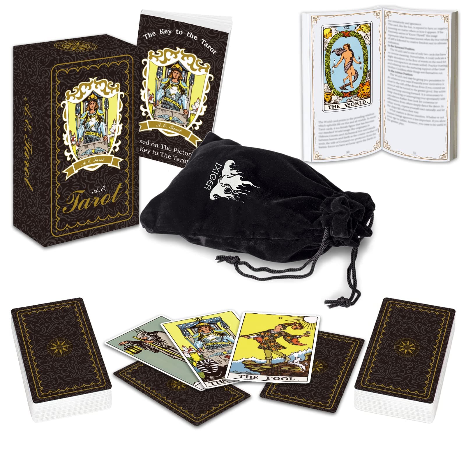 IXIGER Tarot Cards Deck with Guide Book, Classic Tarot Cards Set for Beginners and Experts, 78 Pcs with Black Velvet Pouch Bag