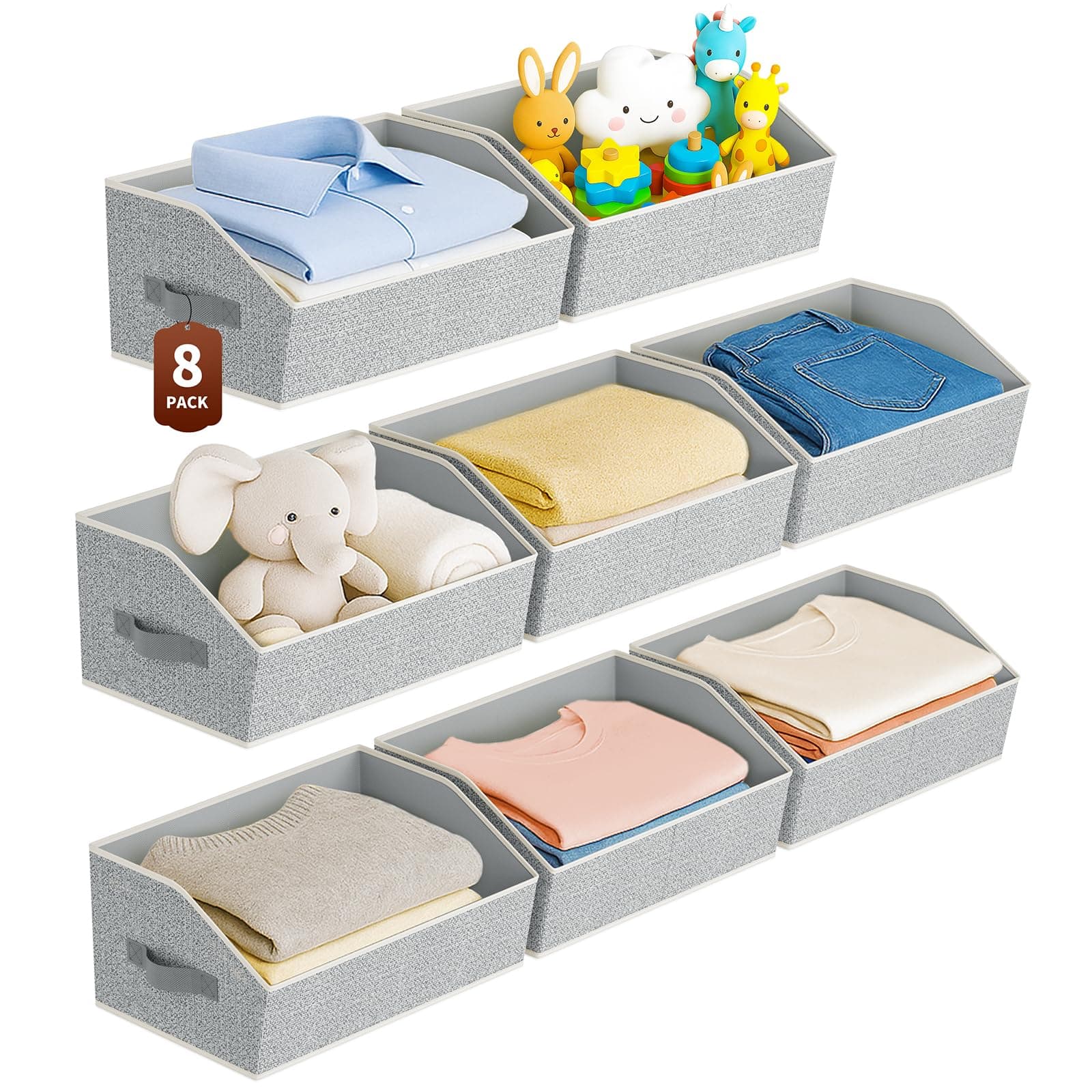 Large Closet Organizers and Storage Bins - 8 Pack Trapezoid Storage Baskets for Shelves, Foldable Fabric Baskets with Handles Ideal for Closet, Basket, Wardrobe and Shelf Storage, Light Grey