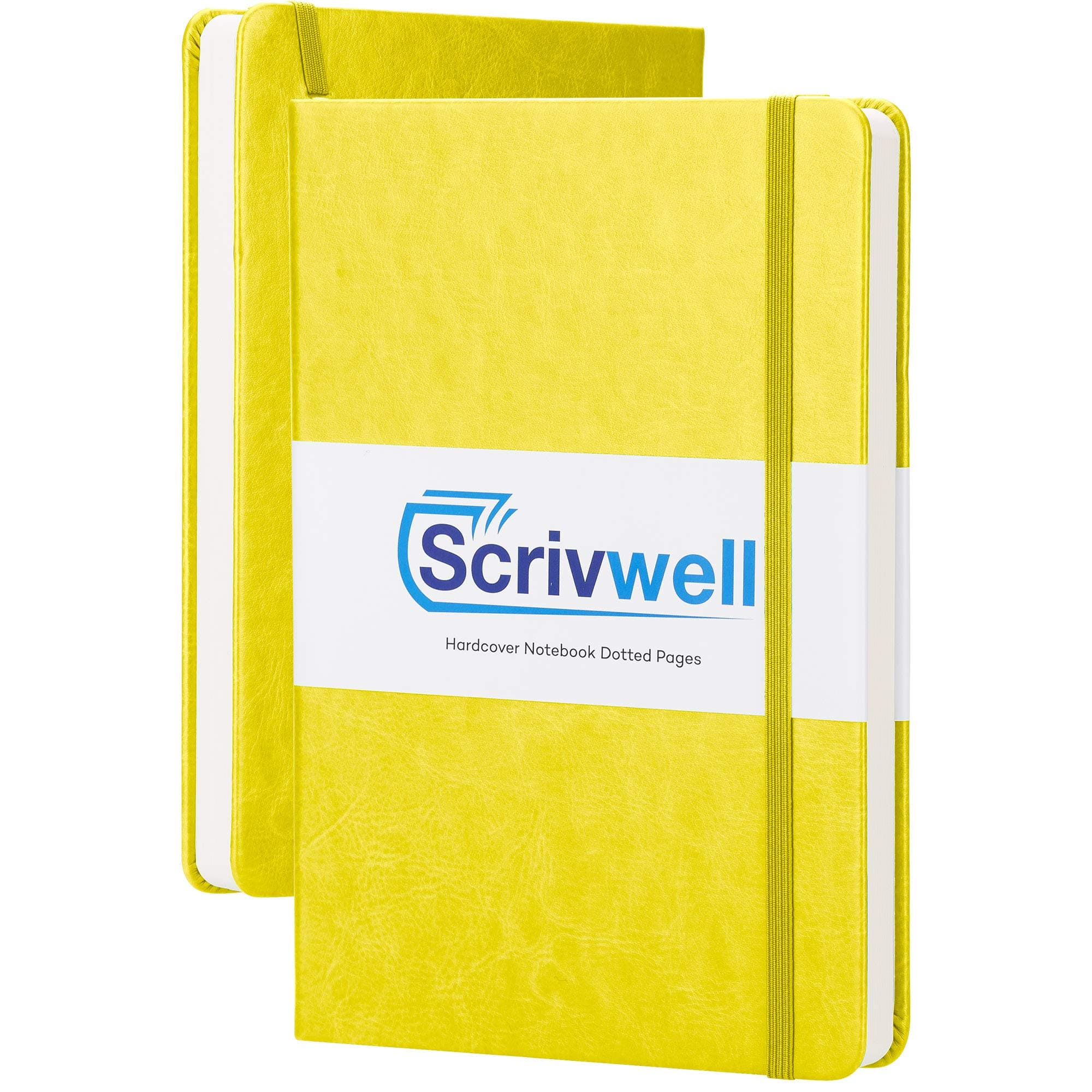 Scrivwell Dotted A5 Hardcover Notebook - 208 Dotted Pages with elastic band, two ribbon page markers, 120 GSM paper, pocket folder - great for bullet journaling - Yellow