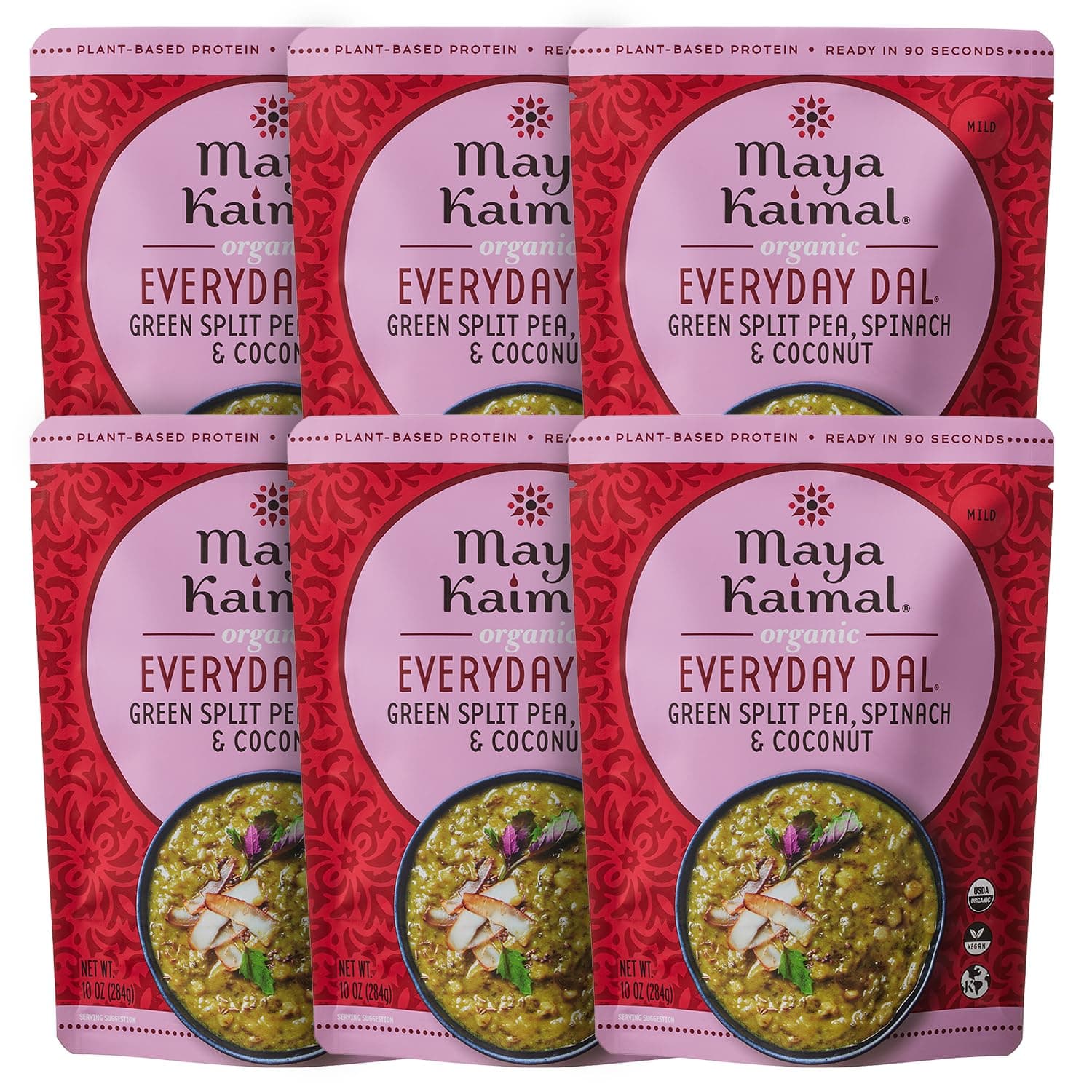Maya Kaimal - Organic Indian Everyday Dal - Fully Cooked Ready to Eat Meal - Vegan - Microwavable (10 Ounce (Pack of 6), Green Split Pea, Spinach & Coconut)
