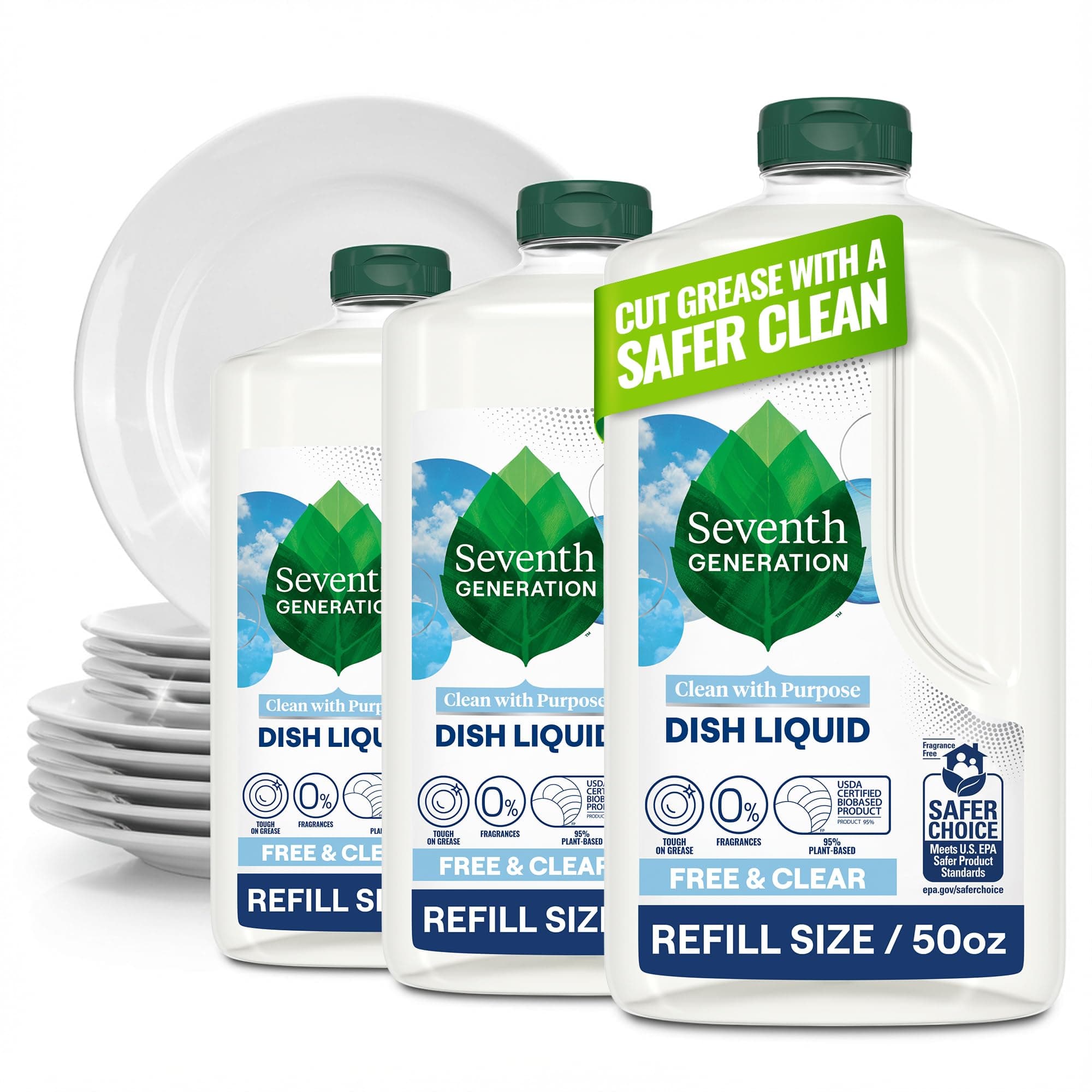 Seventh Generation Dish Soap Refill, Free & Clear, 50 fl oz, 3 Pack, Plant-Based Dishwashing Liquid for Grease & Tough Food Messes, For Sensitive Skin