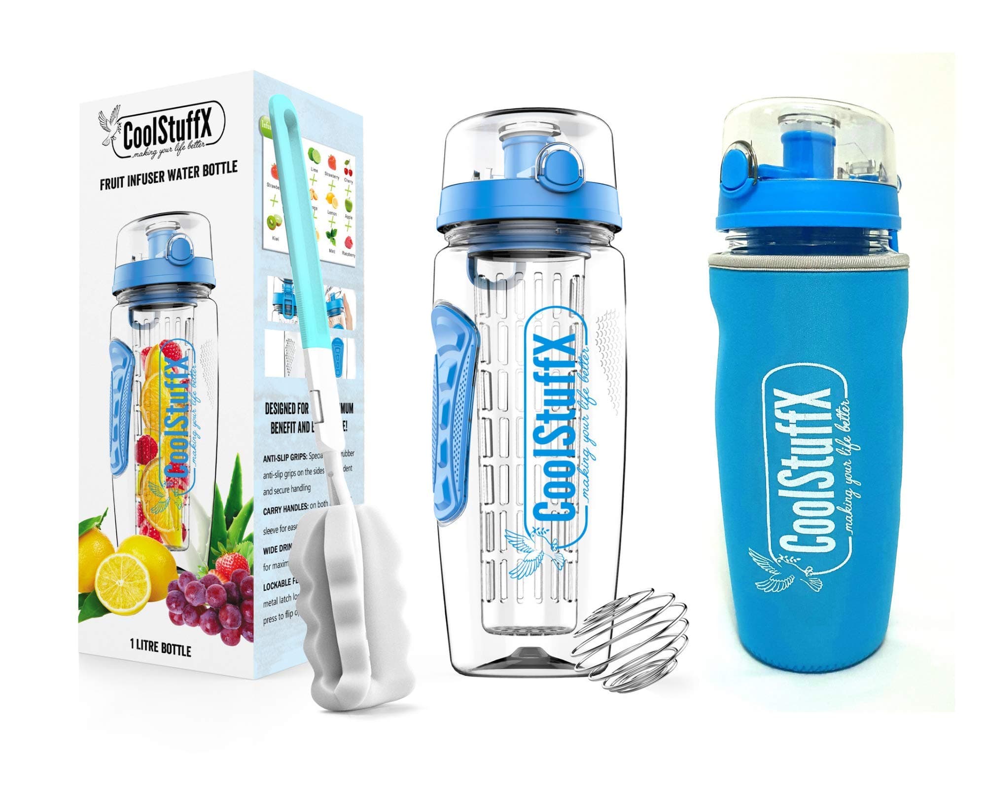 Coolstuffx 3-in-1 Fruit Infuser 1 Litre water bottle + protein shaker. Motivational time-guide, BPA-Free, FREE Washing brush
