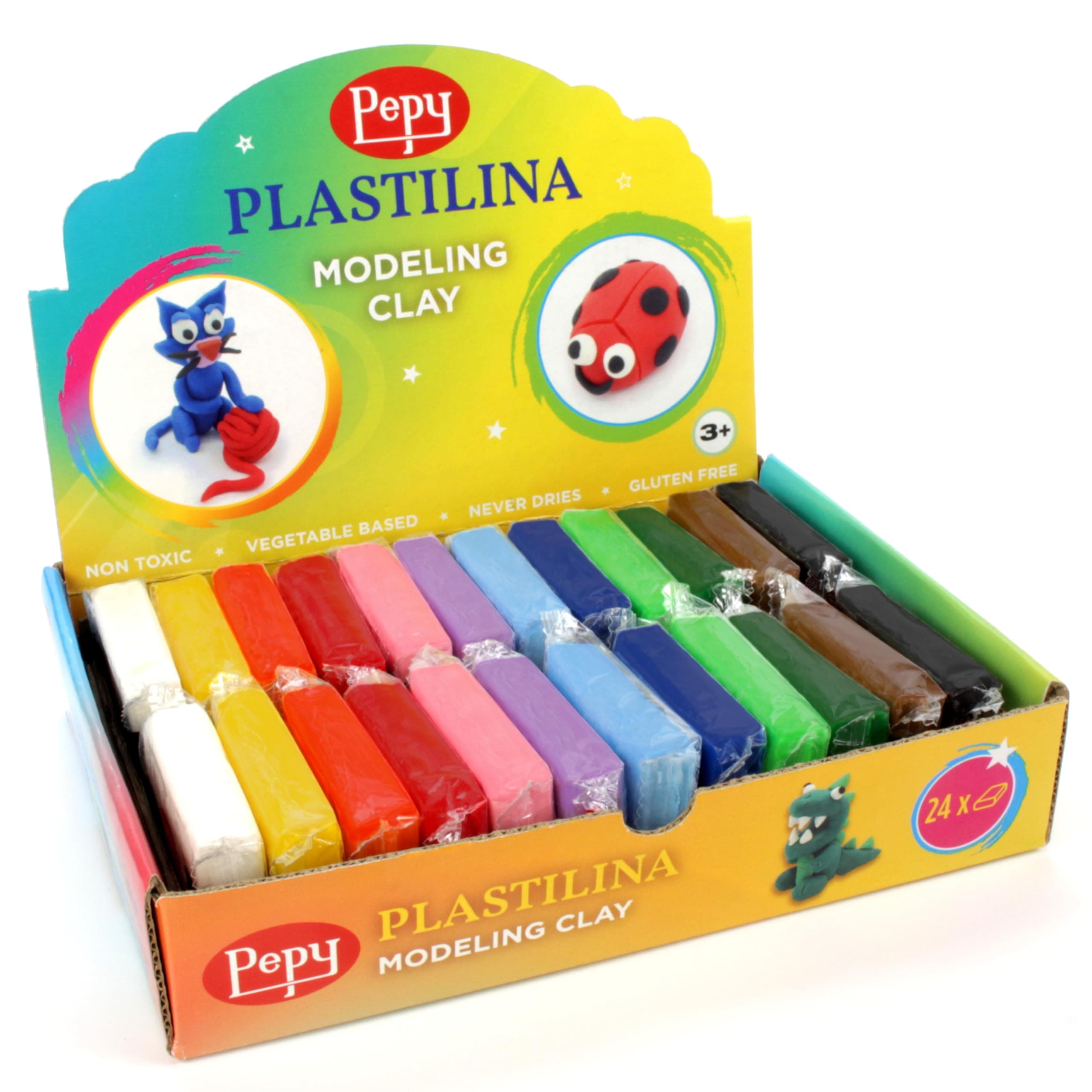 Plastilina Reusable and Non-Drying Modeling Clay Gift Set; Set of 24 Bars, 1.4 Ounce Each, 2 Each of 12 Colors, Perfect for Arts and Crafts Projects, Multicolor