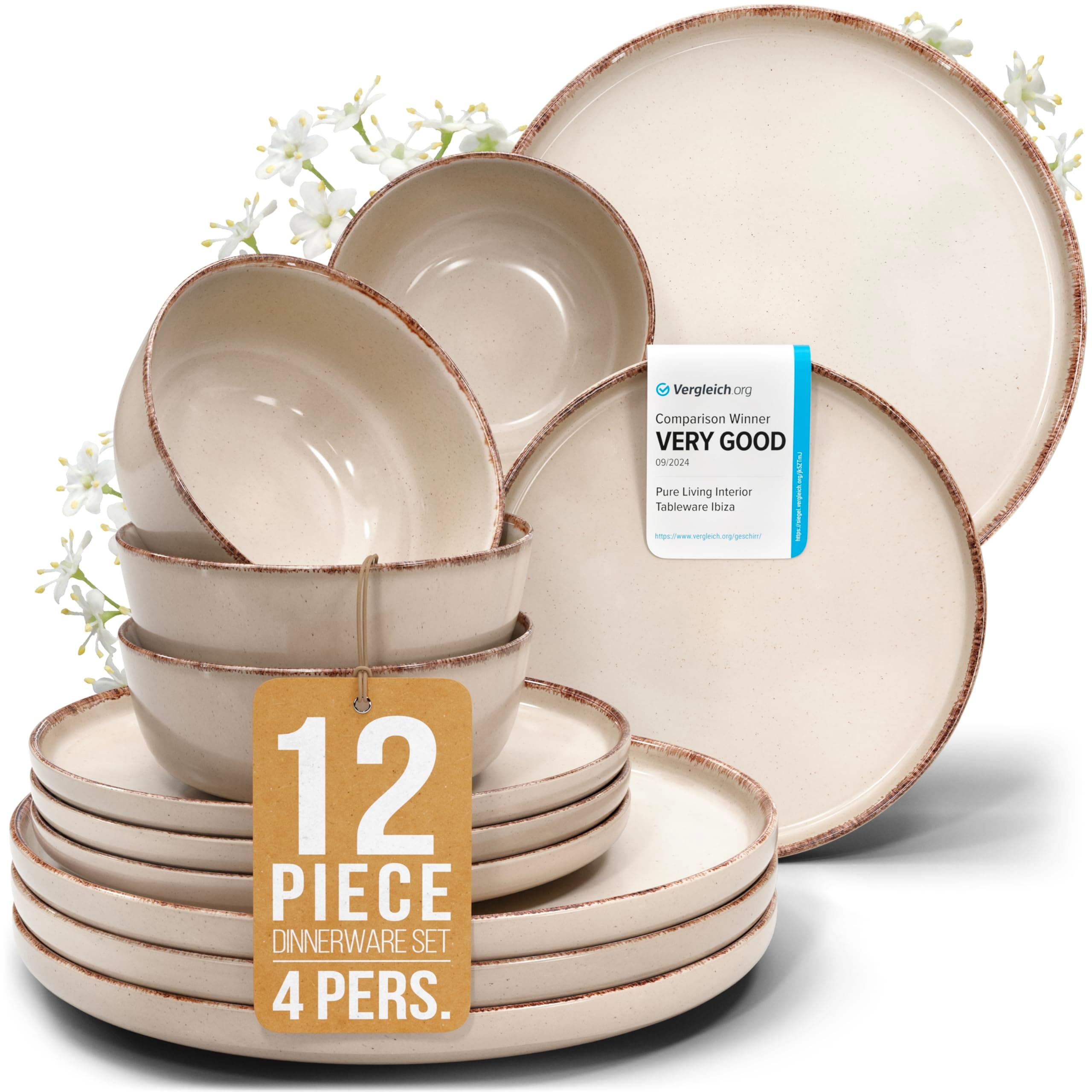 PURE LIVING INTERIOR DESIGN Stoneware dinnerware set 4 persons Rustic 12 pcs - Rustic dinnerware set, dishwasher safe - Bowl and plate set - dinnerware in beige