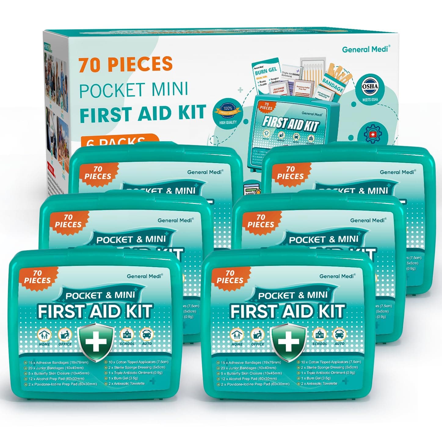 General Medi 420 Piece First Aid Kit, 6 Individual Boxes of 70 Items Each - Contains Premium Medical Supplies for Travel, Home, Office, Vehicle, Camping, Workplace & Outdoor (420 pcs, 6 Pack)