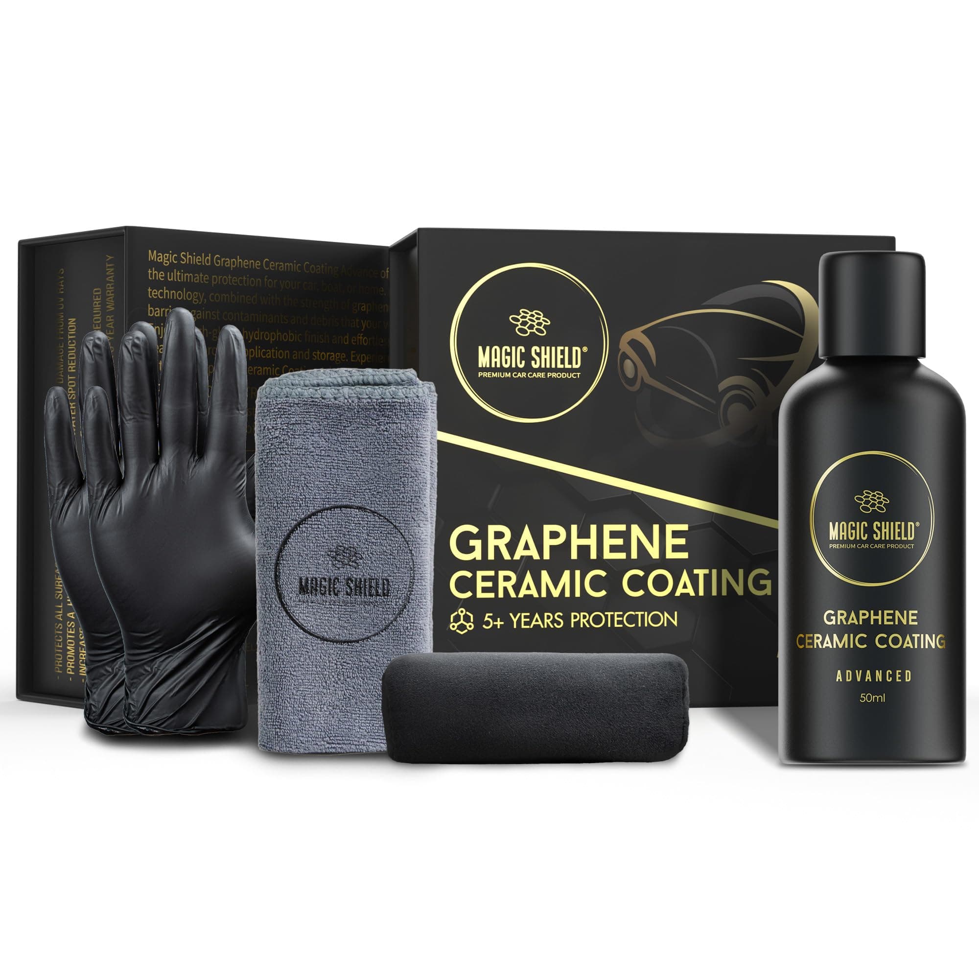 Magic Shield Graphene Ceramic Coating Advance- Advanced Nano-Technology | 5+ Year Guarantee | Anti-Scratch | High Gloss | Superior Hydrophobicity | Ideal for Motorcycle, Marine, and RV | (50ML)