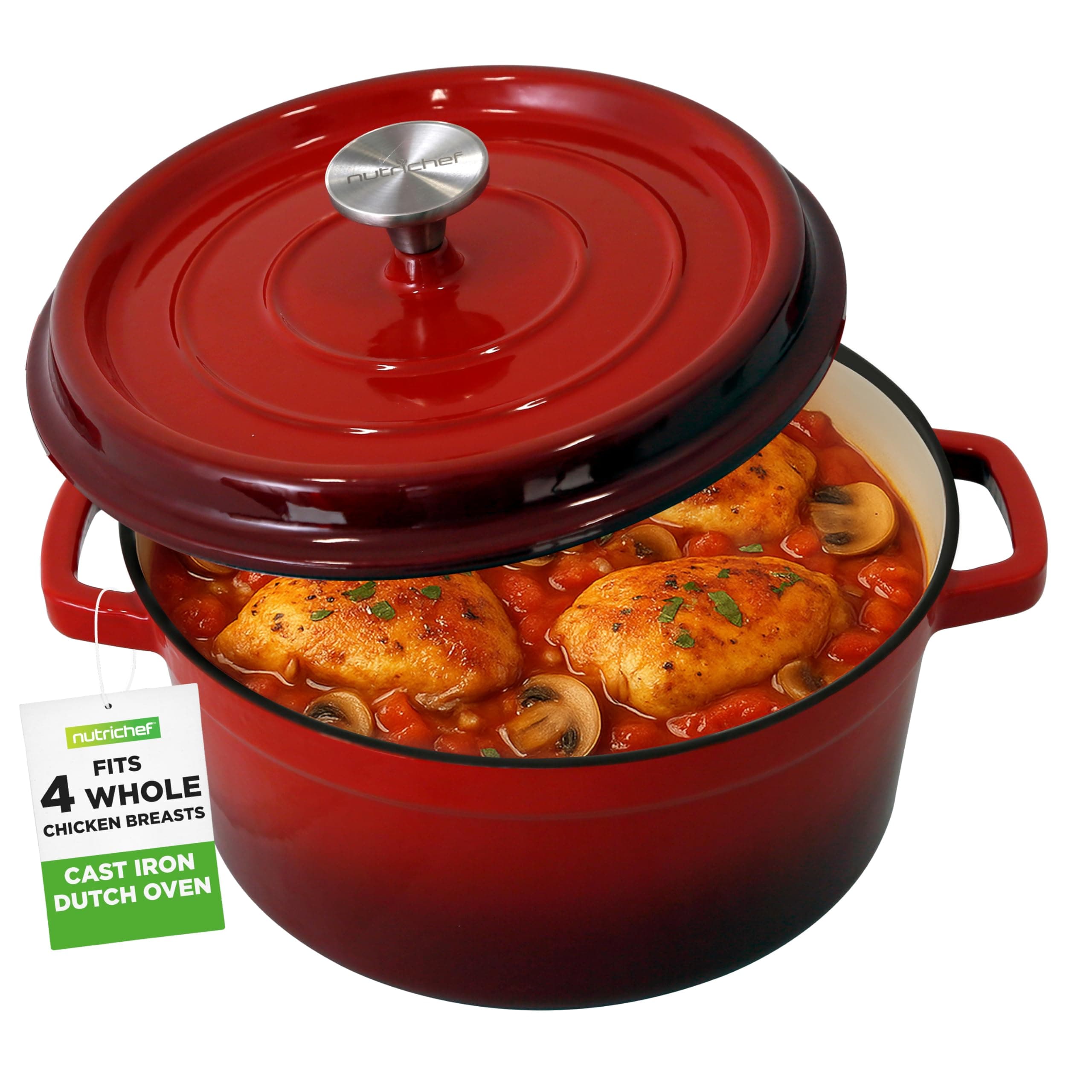 Enameled Cast Iron Dutch Oven - 5-Quart Kitchen Round Dutch Oven Stovetop Casserole Cookware Braising Pot, Porcelain Enamel Coated Cast-Iron Baking Pots w/Self Basting Lid - NCCIEC45 (Red)