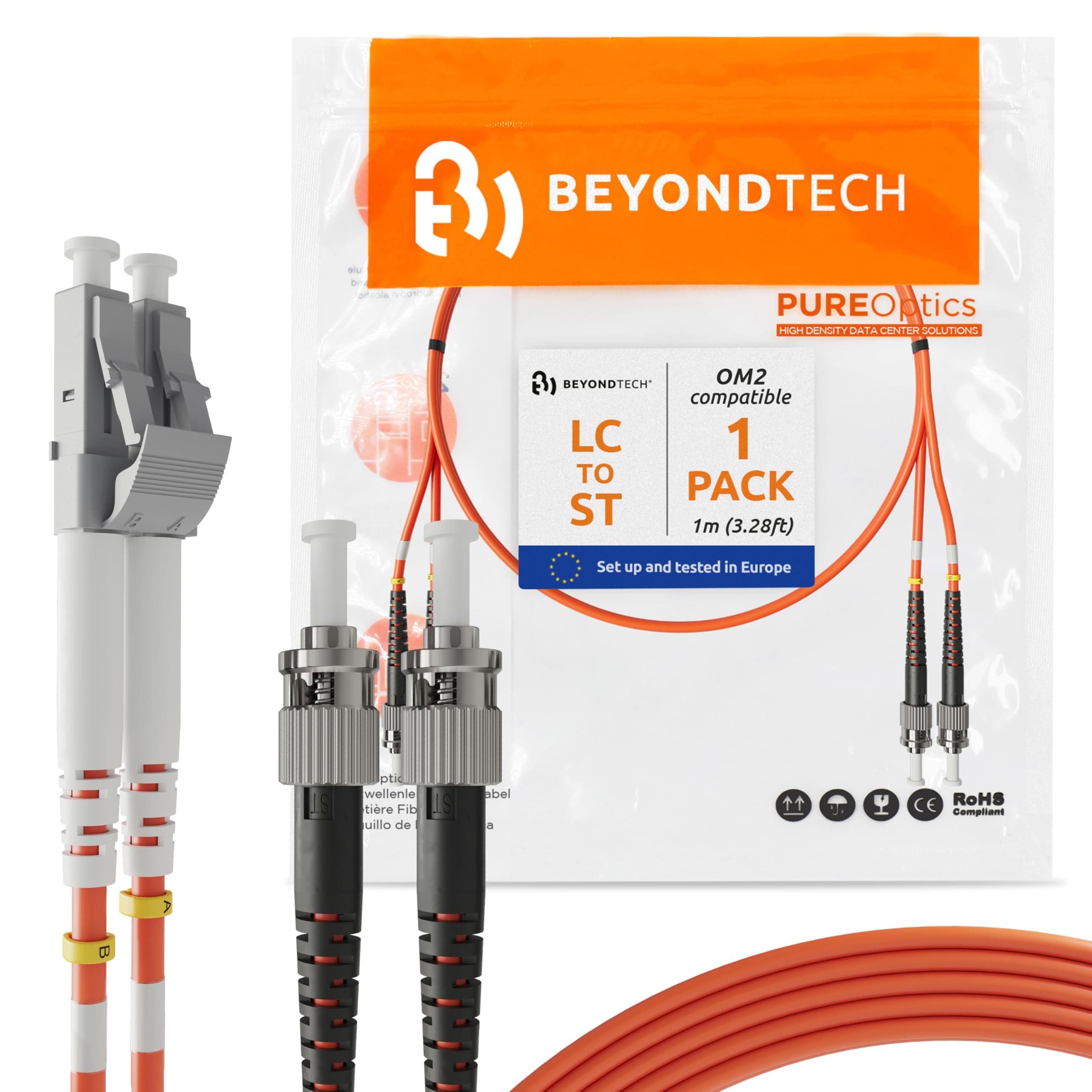 BEYONDTECH 1m (3.28ft) LC to ST Fiber Patch Cable – UPC Multimode Duplex Fiber Optic Cable – 50/125µm core, Compatible with OM2 – LSZH PUREOptics Series