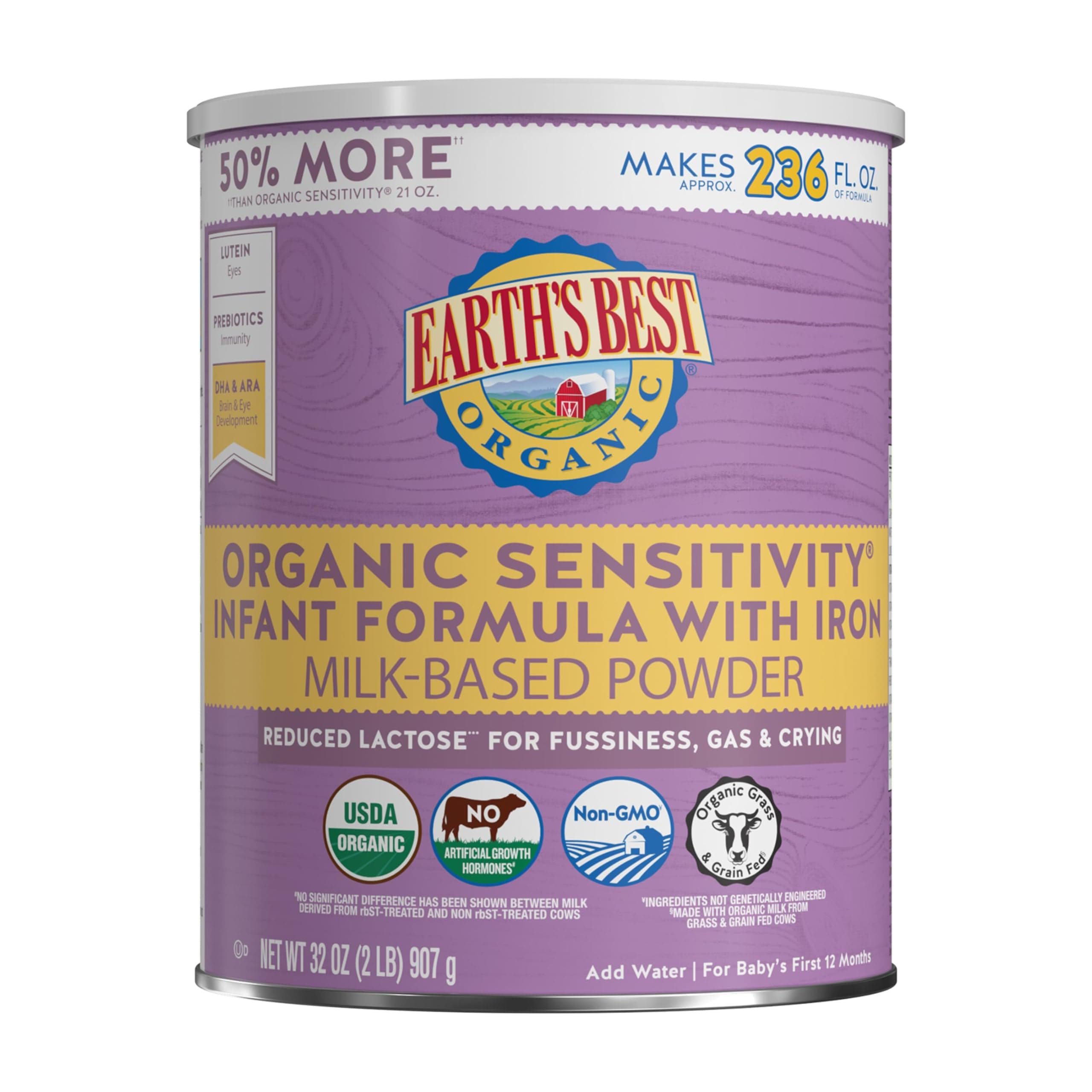 Organic Sensitivity Infant Formula for Babies 0-12 Months, Reduced Lactose Powder Formula with Iron, Omega-3 DHA, and Omega-6 ARA, 32 Ounce Value Container