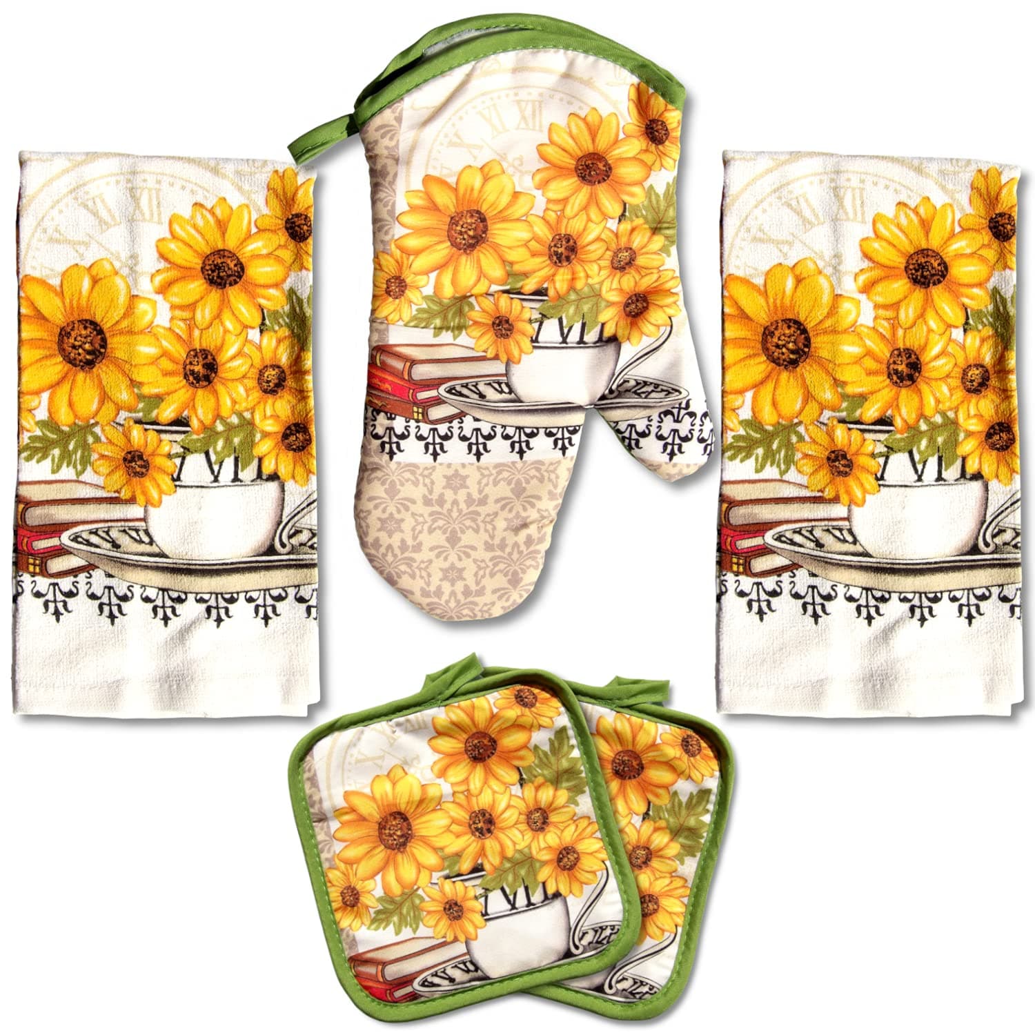 Lobyn Value Packs: Bright Sunflower5 Piece Kitchen Towel Set with 2 Decorative Dish Towels (25 X15), 1 Oven Mitt (11 X 7) and 2 Potholders (6.5 X 6.5)