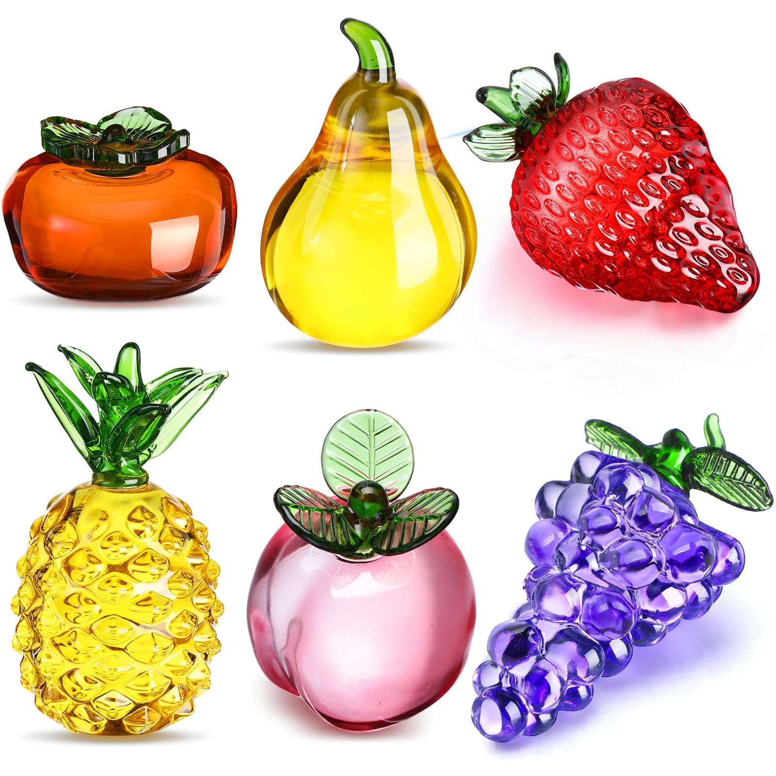 6 Pcs Crystal Glass Fruit Decor Pineapple Grape Persimmon Strawberry Pear Peach Figurine Collectibles Hand Blown Glass Fruit Decoration for Home Decor Gift for Wedding Birthday Wedding
